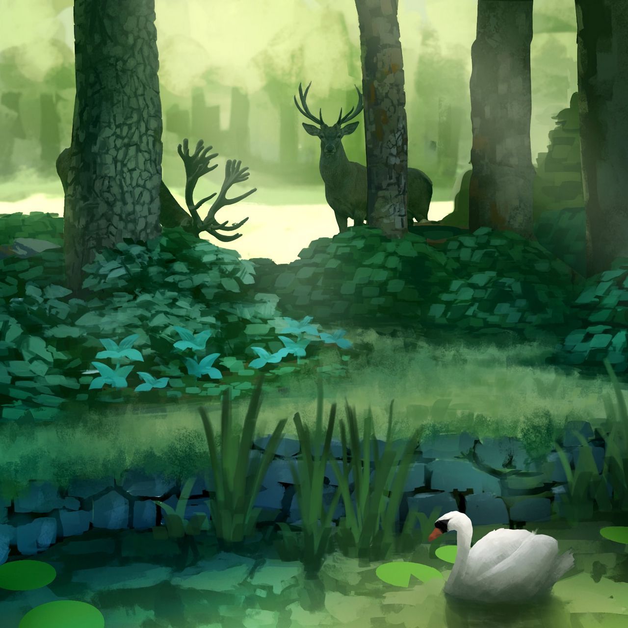 Download wallpaper 1280x1280 forest, art, deer, swan, pond, trees ipad, ipad 2, ipad mini for parallax HD background