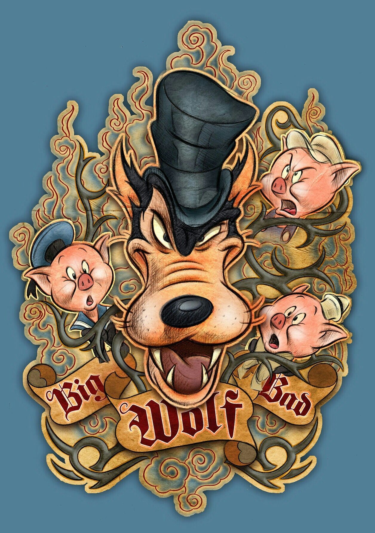 THREE LITTLE PIGS AND THE BIG BAD WOLF. Bad wolf tattoo, Vintage cartoon, Pig art