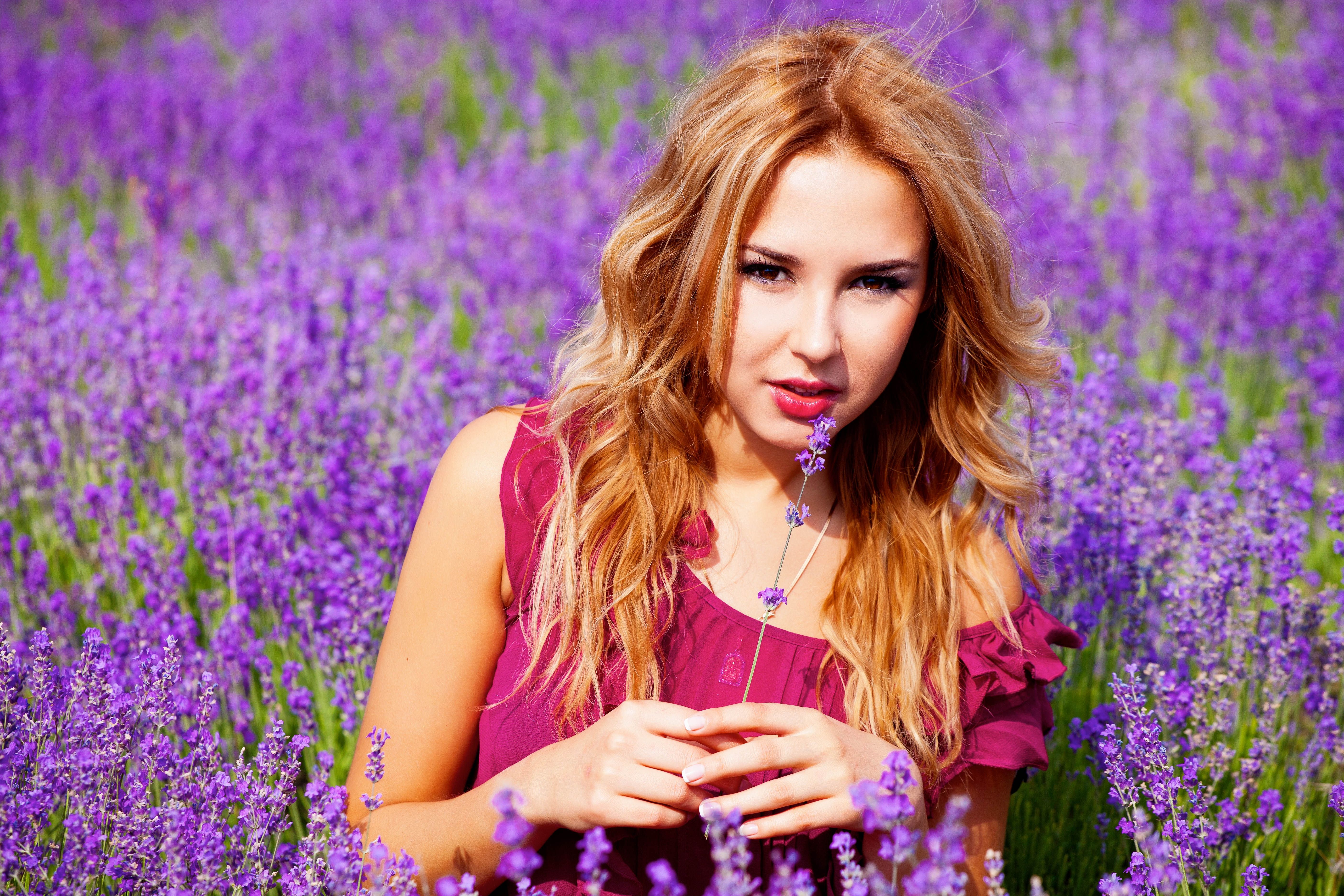 Wallpaper, flowers, field, purple, hair, lavender, spring, Person, flower, girl, beauty, eye, land plant, flowering plant 5616x3744