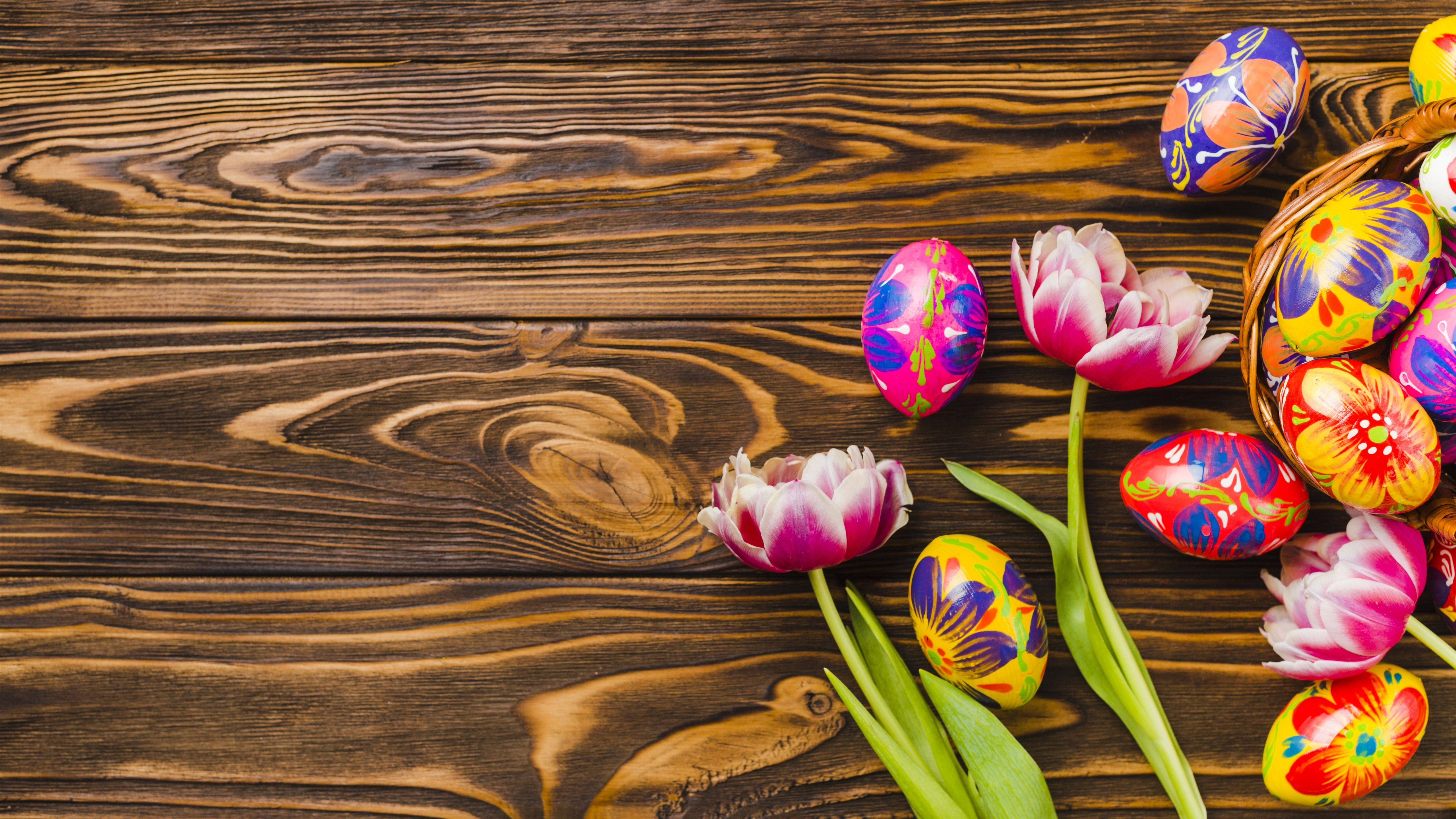 Wallpaper Colorful eggs, Easter, tulips, wood board 5120x2880 UHD 5K Picture, Image
