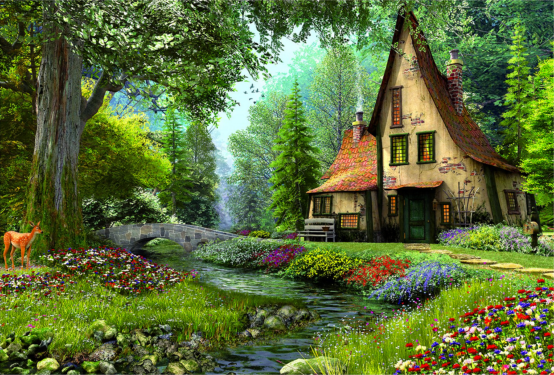 Artistic Bridge Deer Fairy Tale Flower House Magical Painting River Spring Tree Wallpaper:1920x1301