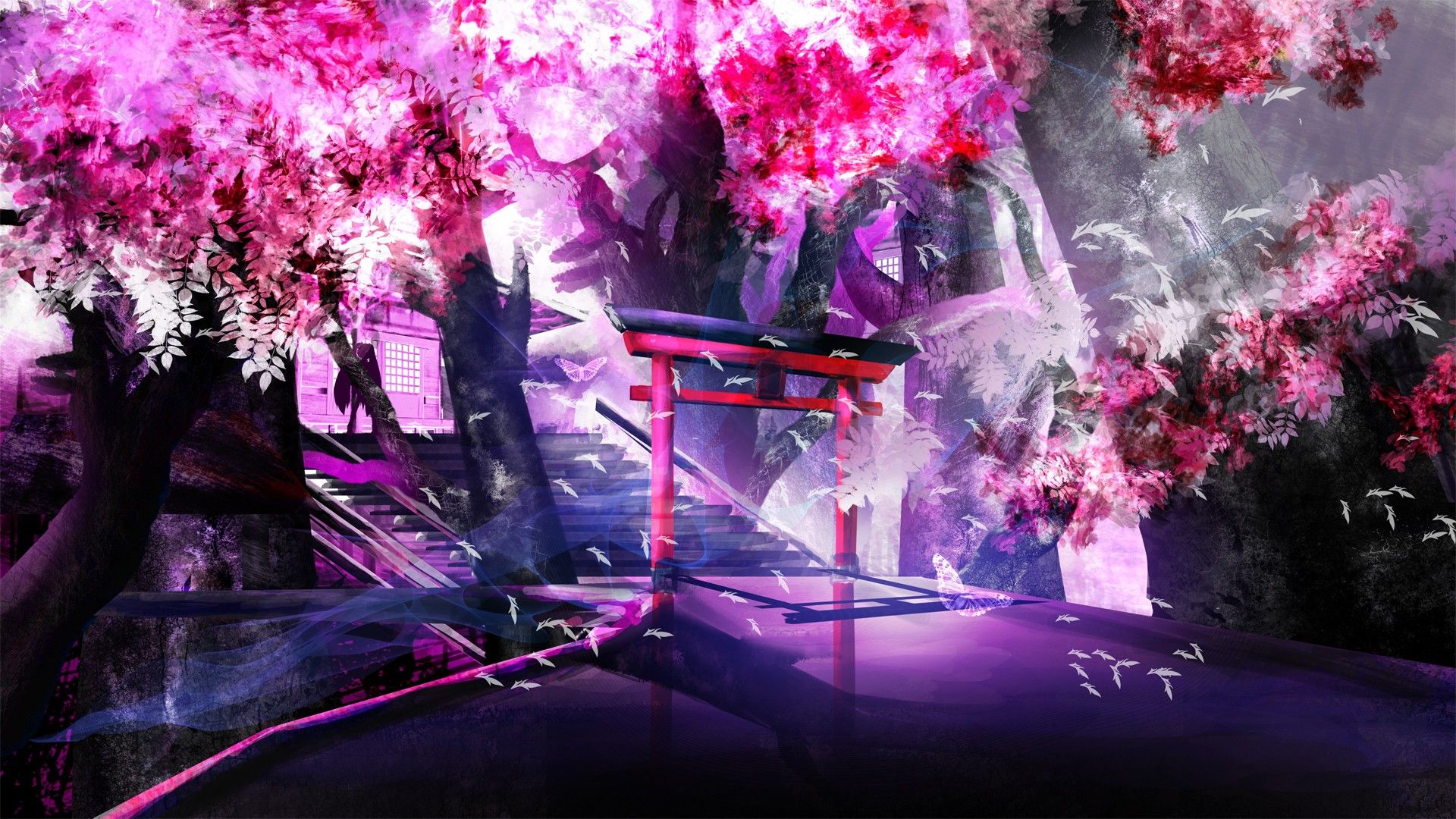 Wallpaper, landscape, anime, purple, violet, branch, world, blossom, pink, spring, magenta, ART, tree, flower, plant, petal, 1920x1080 px, computer wallpaper 1920x1080