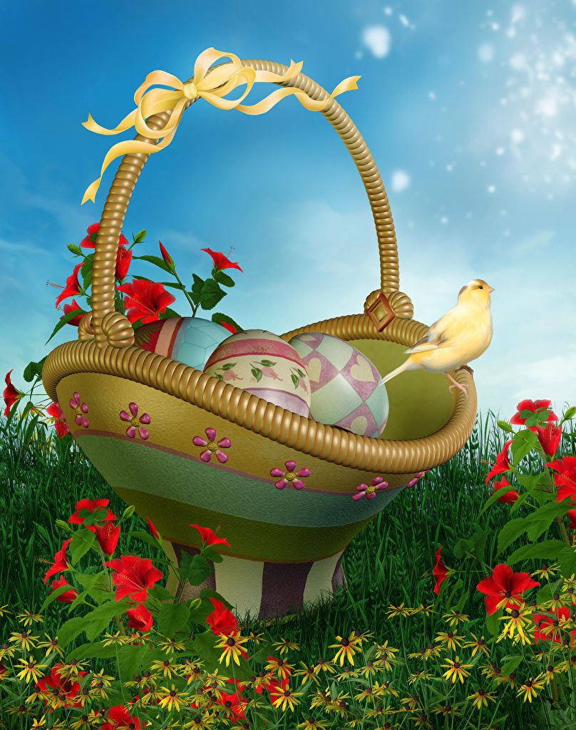 Desktop Wallpaper Easter Birds Eggs 3D Graphics Wicker basket