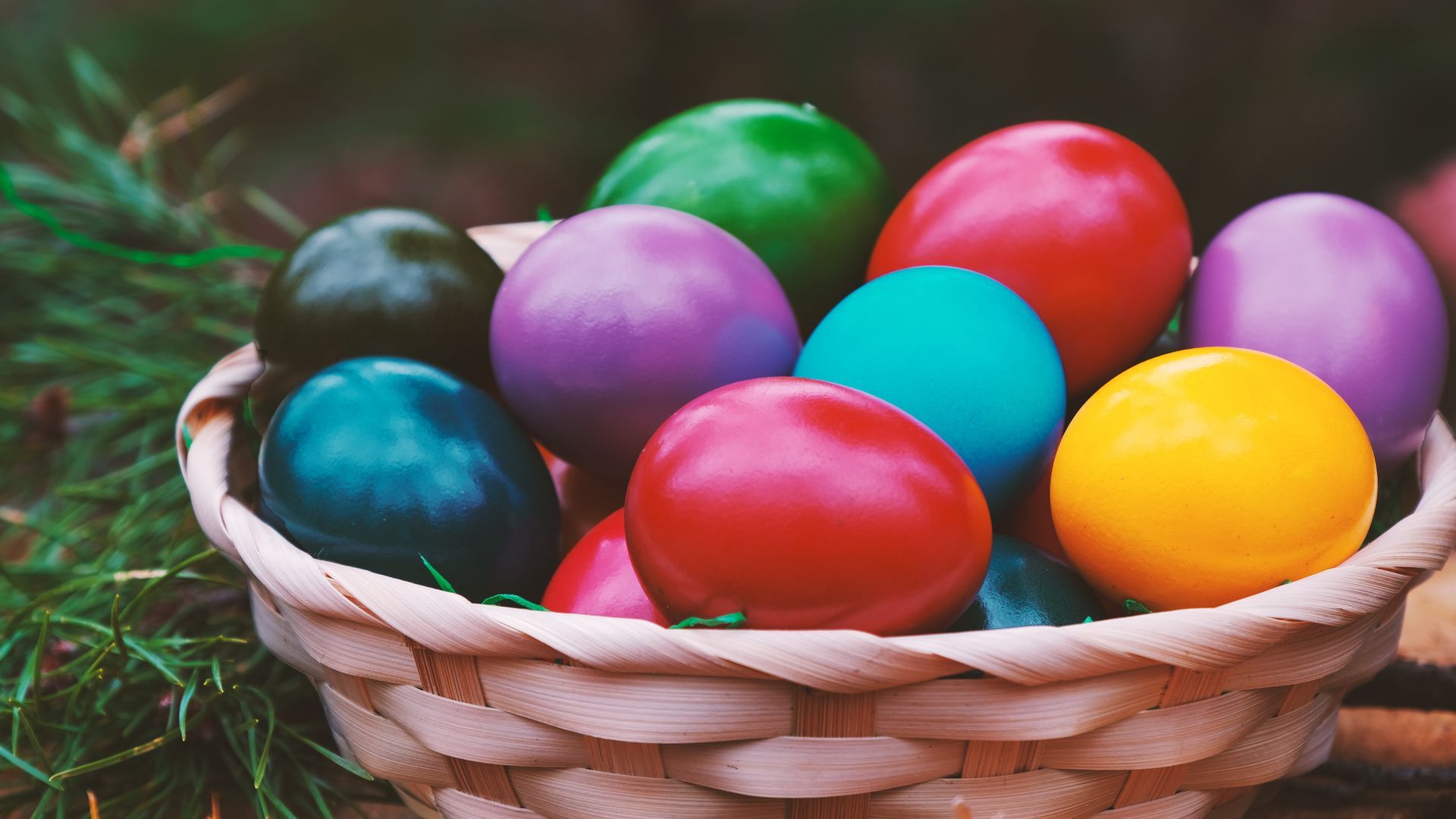 Download wallpaper 1920x1080 easter, eggs, colorful, basket full hd, hdtv, fhd, 1080p HD background