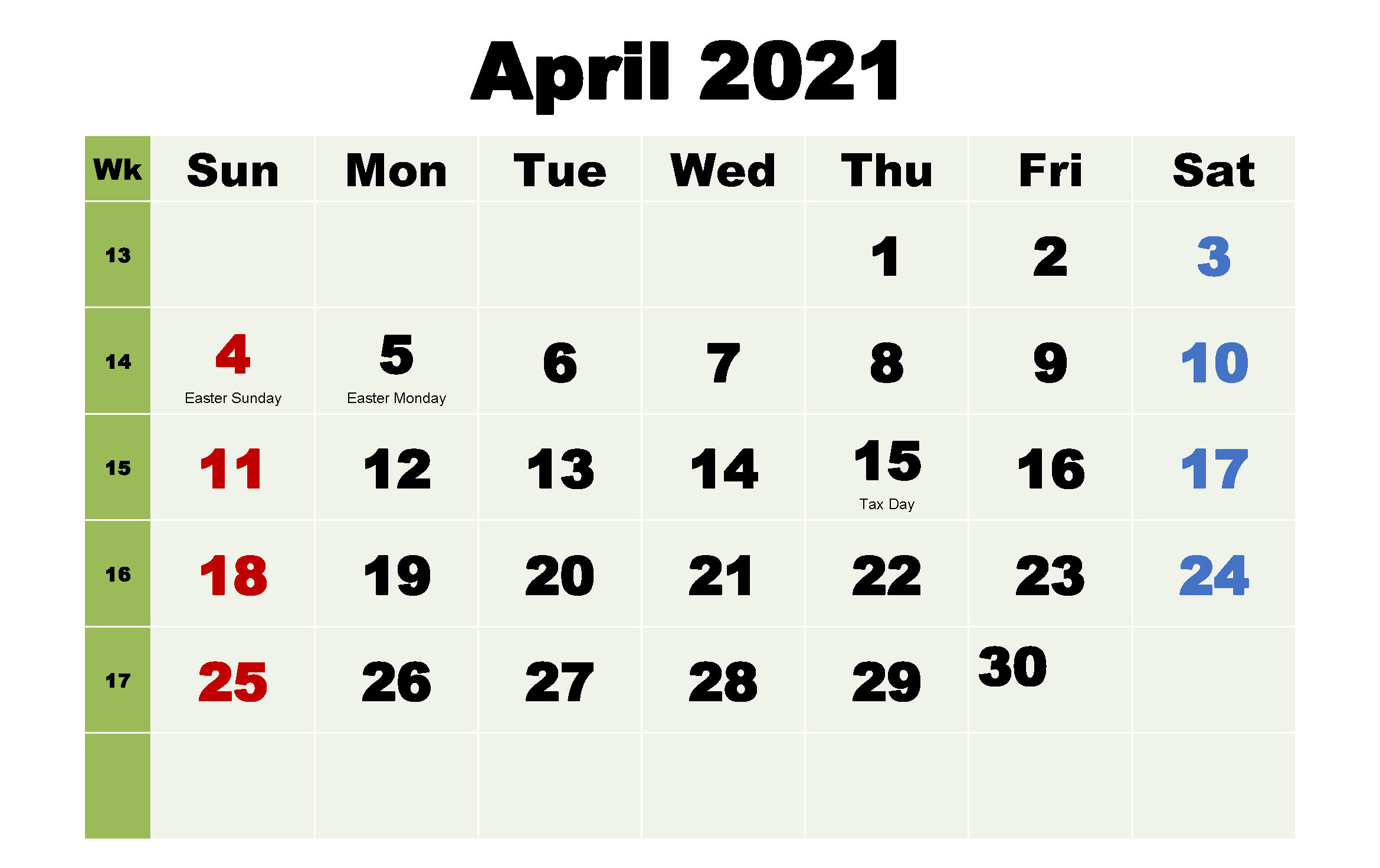April 2021 Printable Calendar Word Excel Download