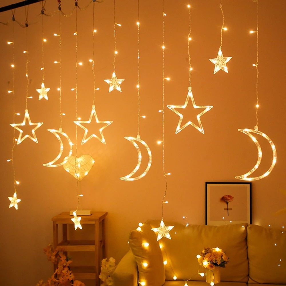 LED Curtain Lights with Stars Moons 8 Lighting Modes Twinkle String Lights Home Decor Lights for Festival Bedroom Wall Backdrop. LED String