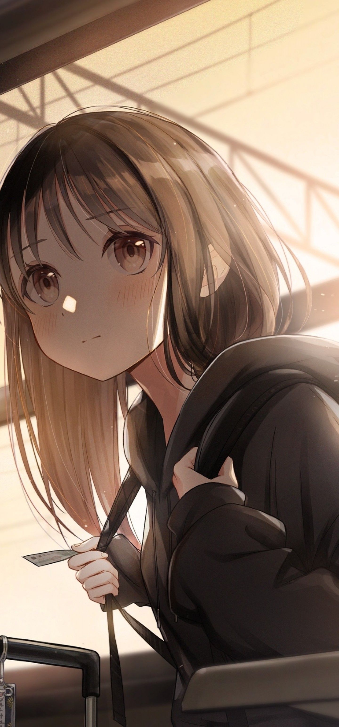 Download 1440x3088 Cute Anime Girl, Hoodie, Short Hair, Train, Brown Hair Wallpapers for Samsung Galaxy Note 20 Ultra