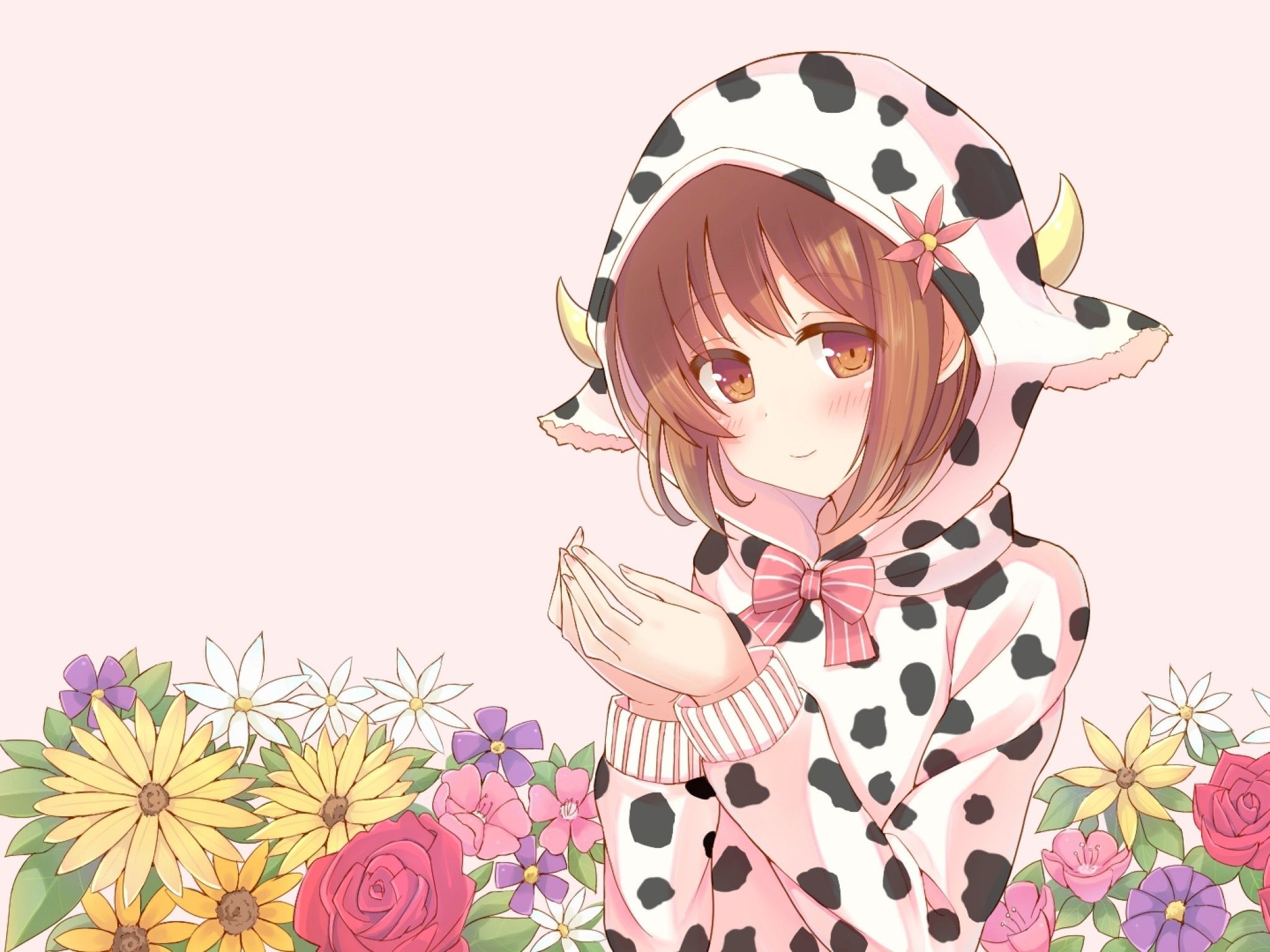 Download 2048x1536 Anime Girl, Hoodie, Brown Hair, Cute, Flowers Wallpapers for Ainol Novo 9 Spark