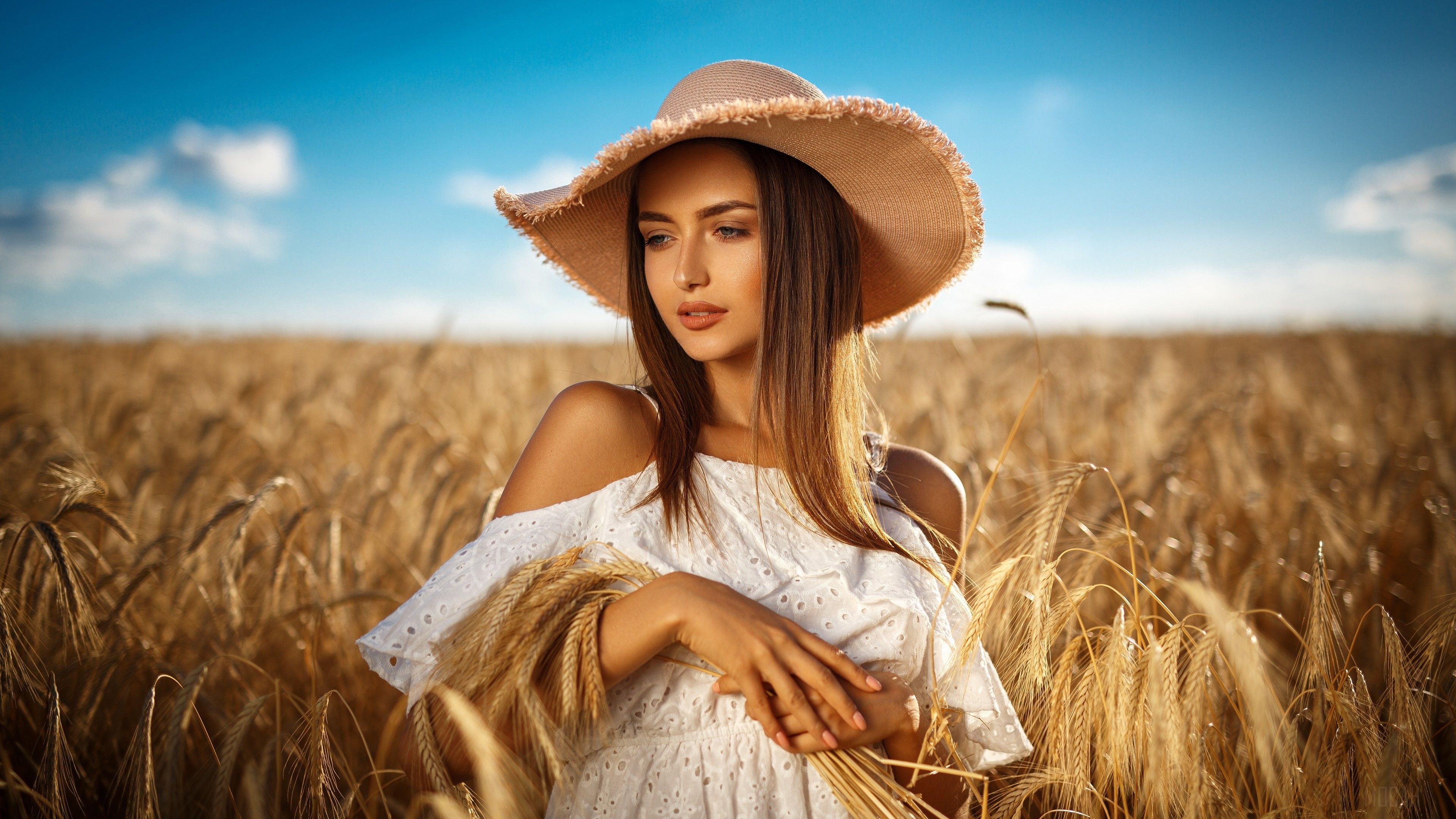 Blonde, Field, Girl, Hat, Model, Summer, Wheat, White Dress, Woman 4k wallpaper