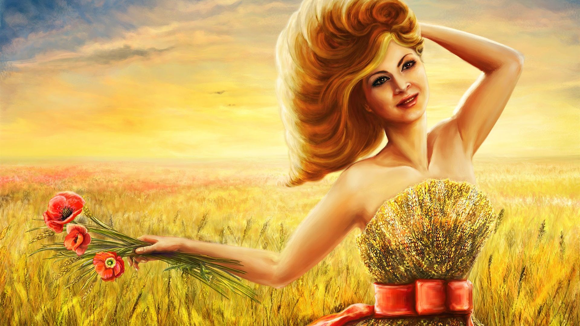 Wallpaper Art drawing, smile girl in summer, wheat field 1920x1440 HD Picture, Image