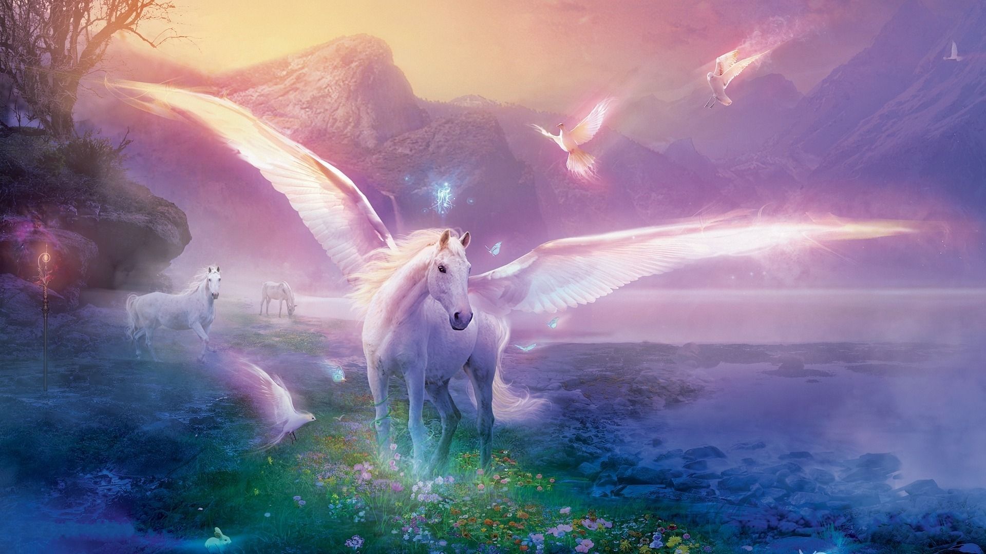 Download Wallpaper 1920x1080 Pegasus, Horse, Magic, Flowers Full HD 1080p HD Background. Unicorn fantasy, Unicorn wallpaper, Fantasy horses