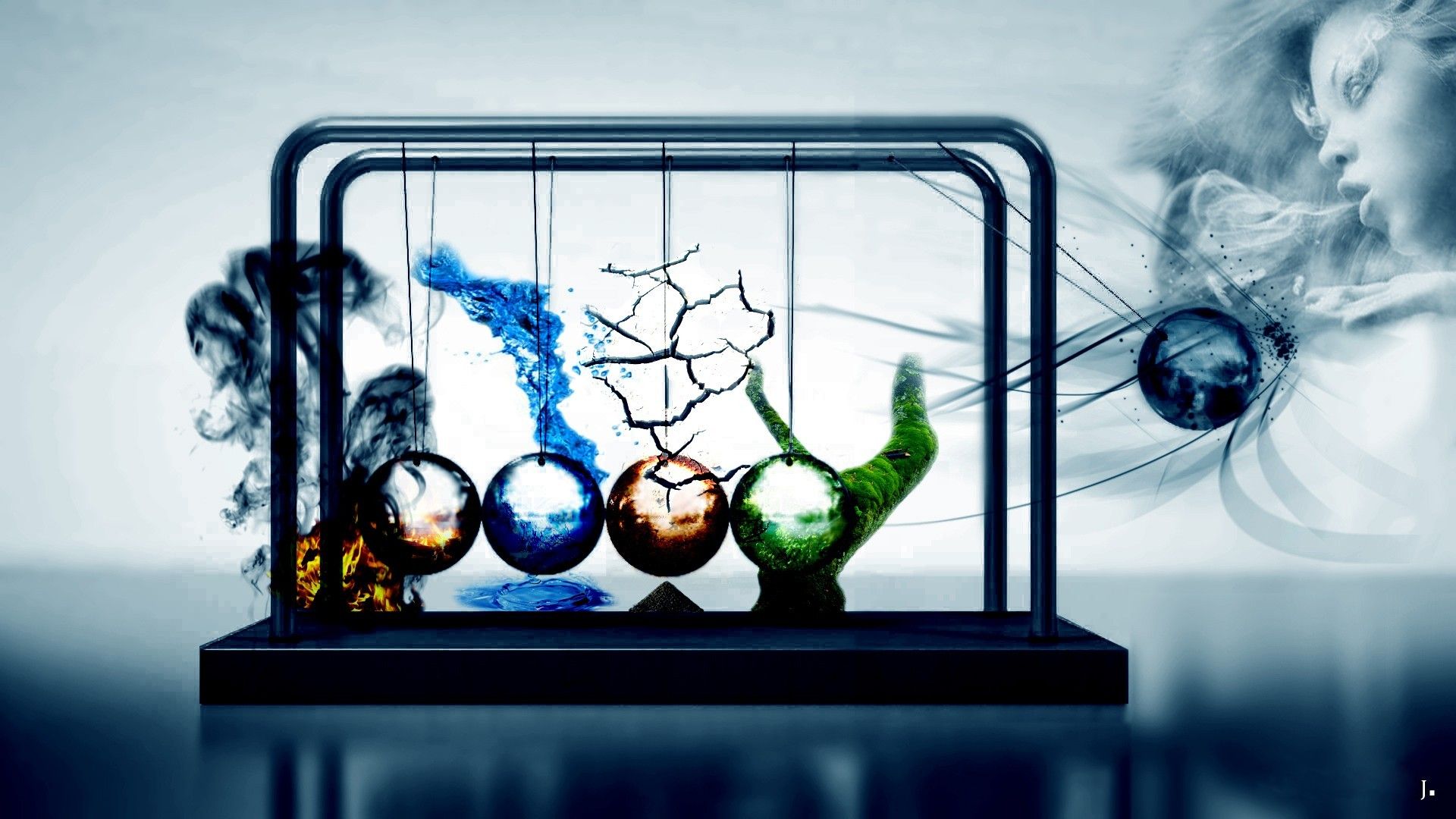 #elements #four elements #Newtons cradle #simple background #balls #science #air #abstract #Earth #wind #women #digital art #fire #nature #ball #water wallpaper HD Wallpaper