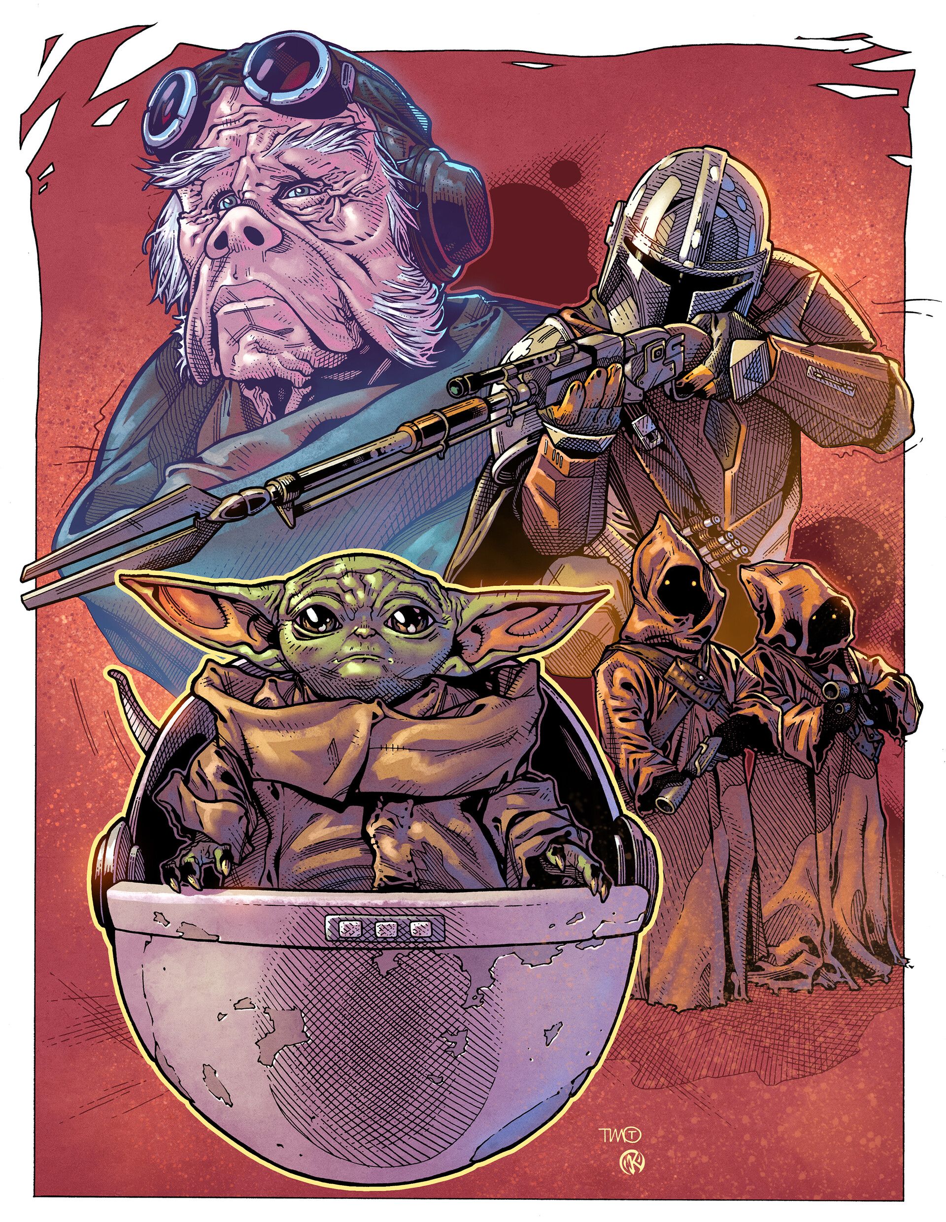 Wallpaper, Maksim Strelkov, comic art, The Mandalorian, The Mandalorian Character, Baby Yoda, Star Wars, men, blaster, helmet, armor 1920x2482