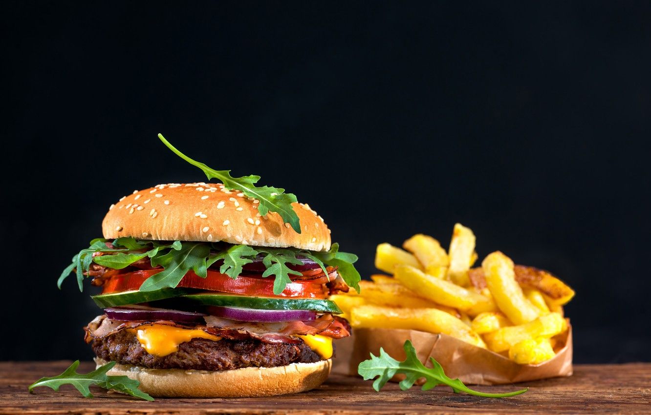 Wallpaper black background, sandwich, hamburger, bokeh, fast food, French fries image for desktop, section еда