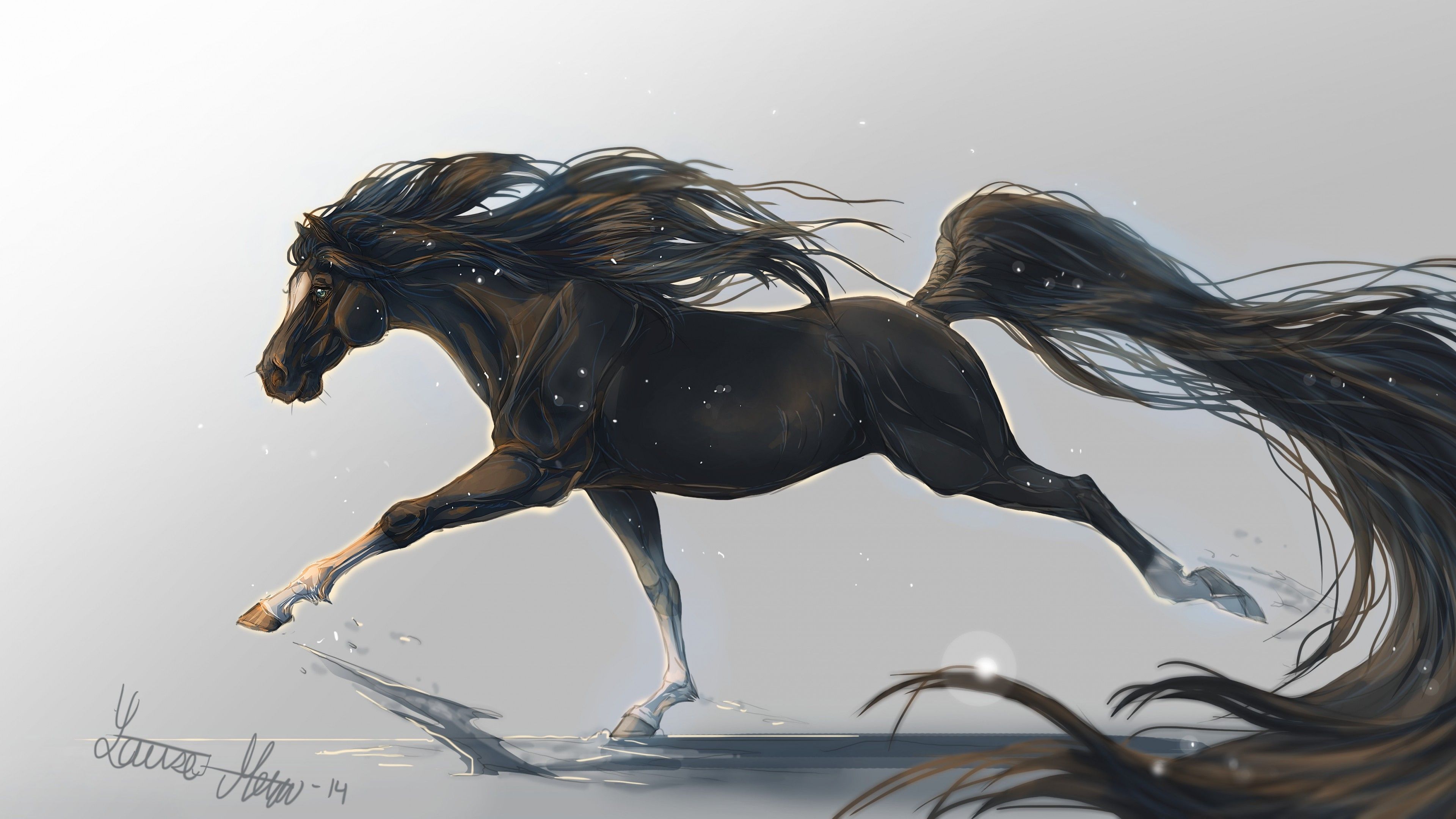 Wallpaper horse, hooves, 5k, 4k wallpaper, mane, galloping, black, white background, art, , Animals
