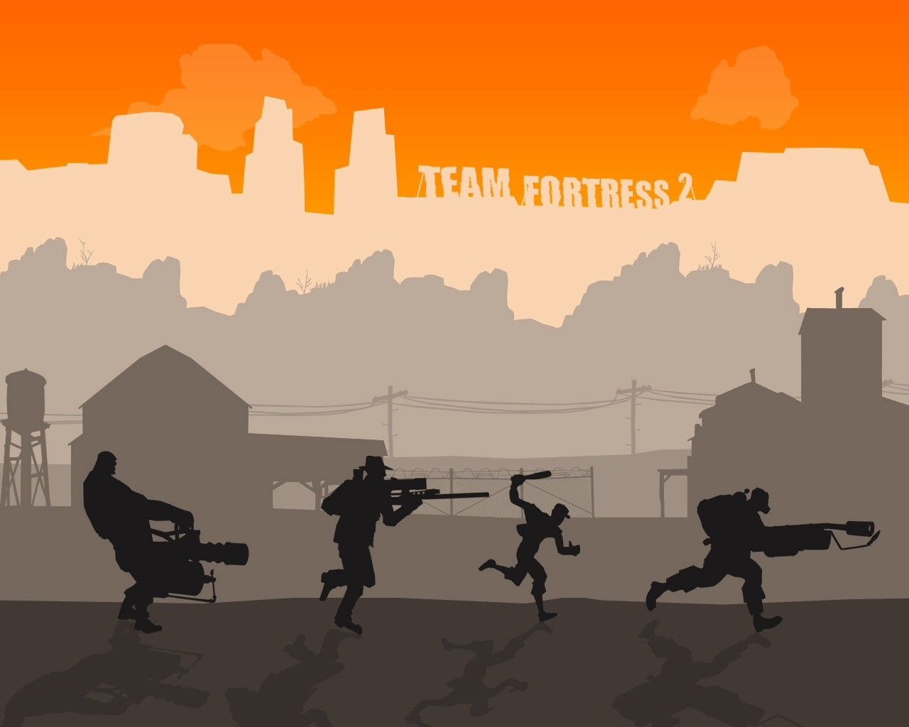 Wallpaper, illustration, video games, minimalism, silhouette, simple, sniper rifle, Team Fortress machine gun, Sniper TF Flamethrower, Valve Corporation, Scout character, Heavy charater, Pyro character, screenshot, 1280x1024 px, font 1280x1024