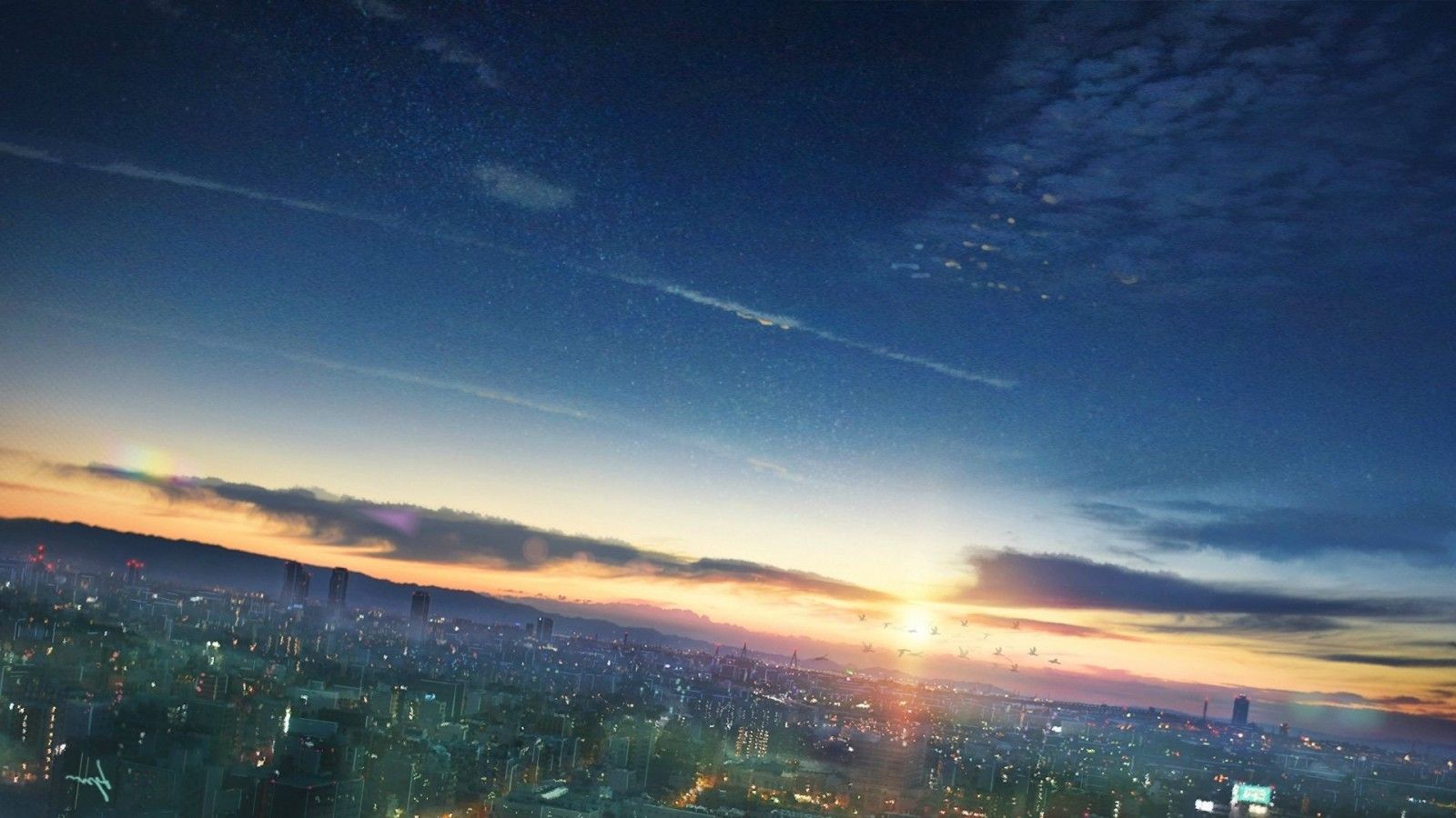 Wallpaper, sunlight, sunset, cityscape, night, anime, sky, sunrise, evening, morning, Sun, horizon, dusk, cloud, dawn, 1920x1080 px, atmosphere of earth, afterglow, astronomical object 1920x1080