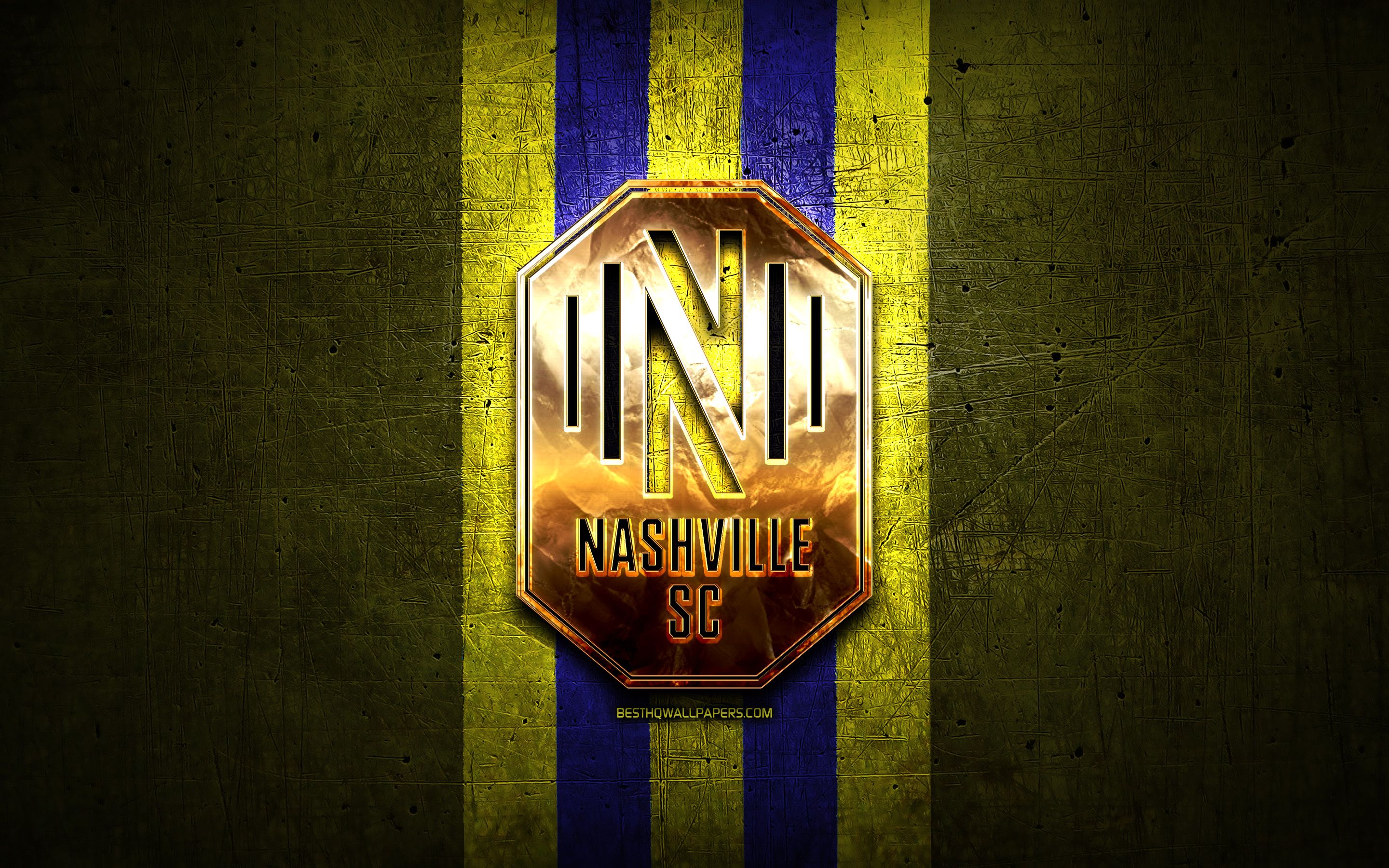 Download wallpaper Nashville FC, new logo, MLS, yellow metal background, american soccer club, golden logo, Nashville SC, United Soccer League, Nashville new logo, soccer, USA, Nashville SC logo for desktop with resolution
