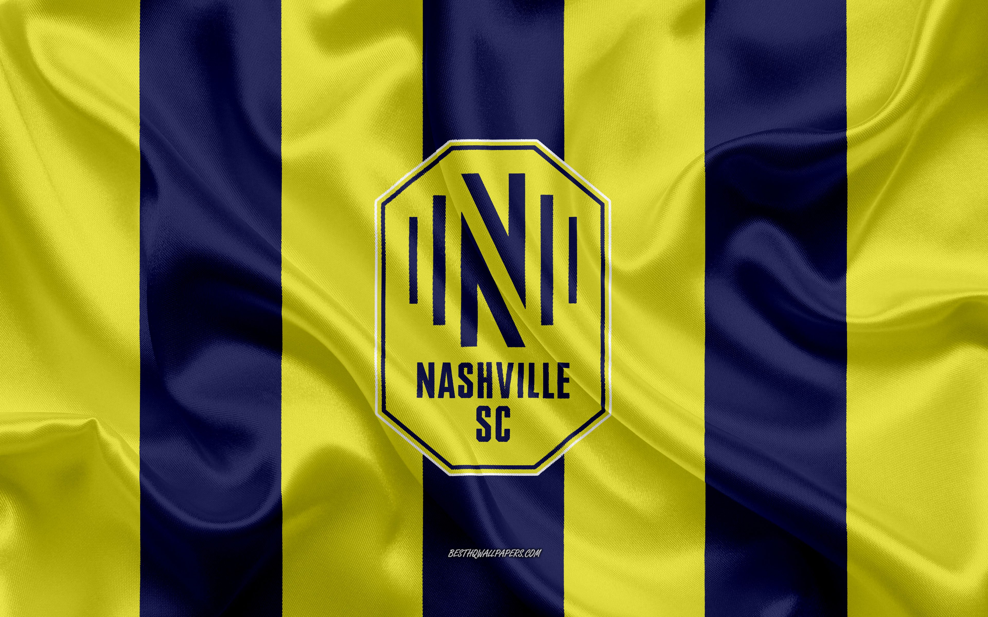 Download wallpaper Nashville SC new logo, blue and yellow silk flag, MLS, Nashville SC new emblem, silk texture, MSL, Nashville, Tennessee, USA, Nashville SC for desktop with resolution 3840x2400. High Quality HD