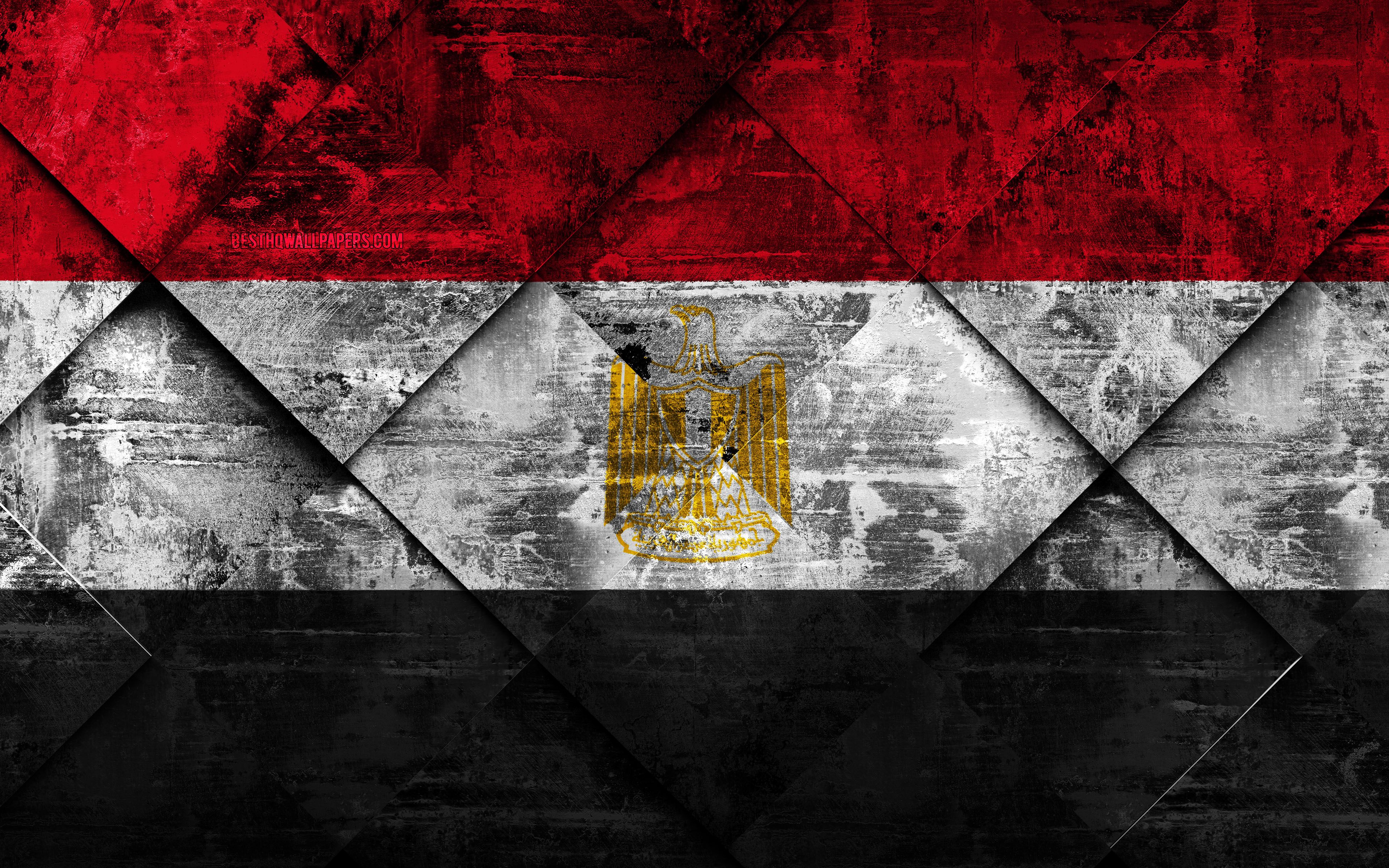 Download wallpaper Flag of Egypt, 4k, grunge art, rhombus grunge texture, Egyptian flag, Africa, national symbols, Egypt, creative art for desktop with resolution 3840x2400. High Quality HD picture wallpaper
