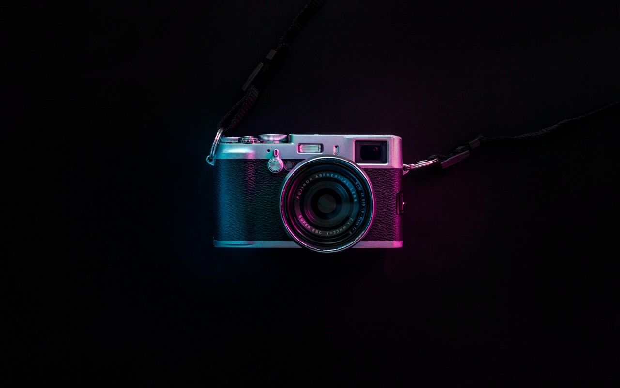 Vintage Camera 4K Wallpaper, Fujifilm, Black background, Purple light, SLR Camera, 5K, Photography