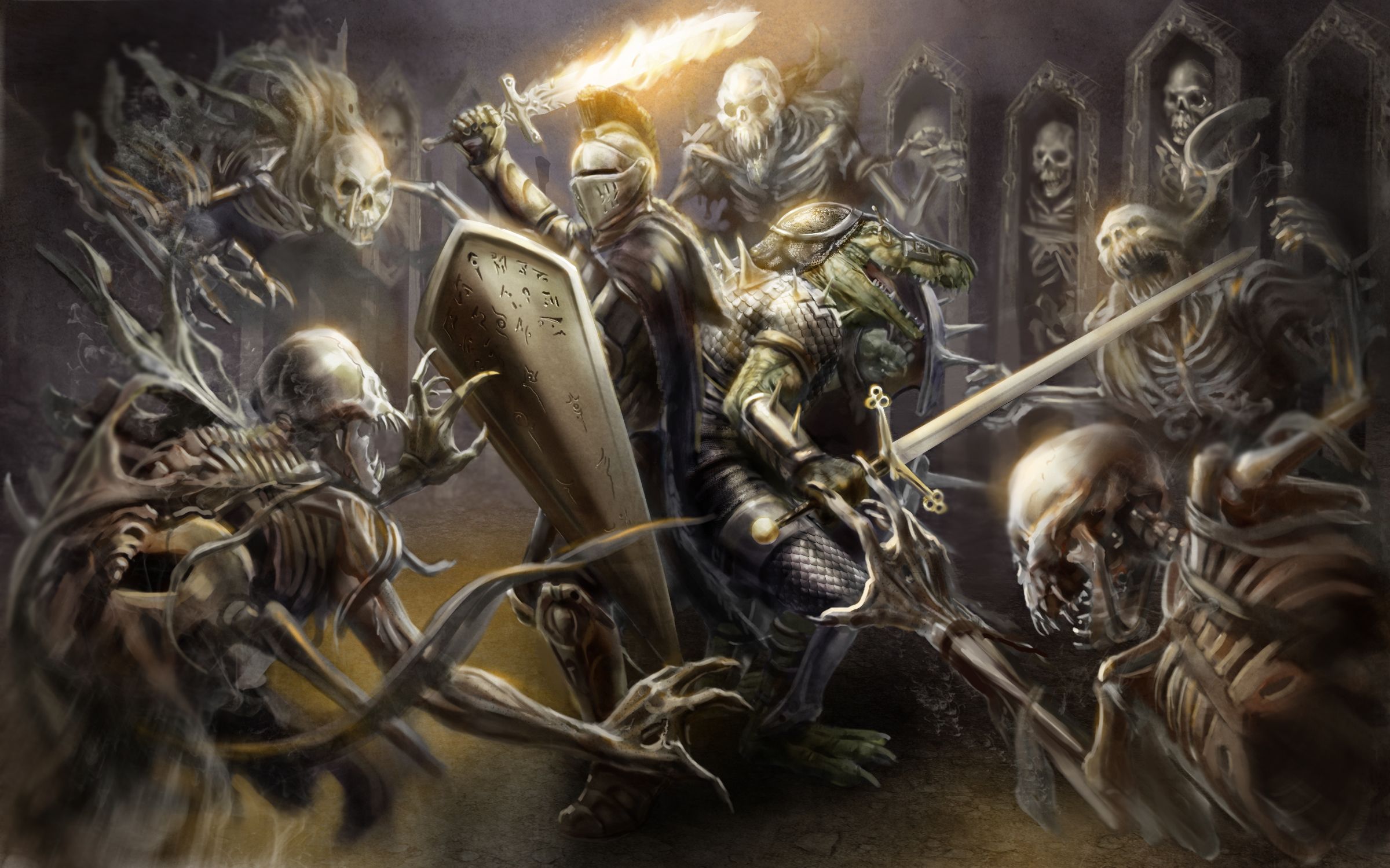 Download wallpaper 2400x1500 knight, armor, helmet, weapon, sword, fire, shield, crocodile skeletons, art HD background