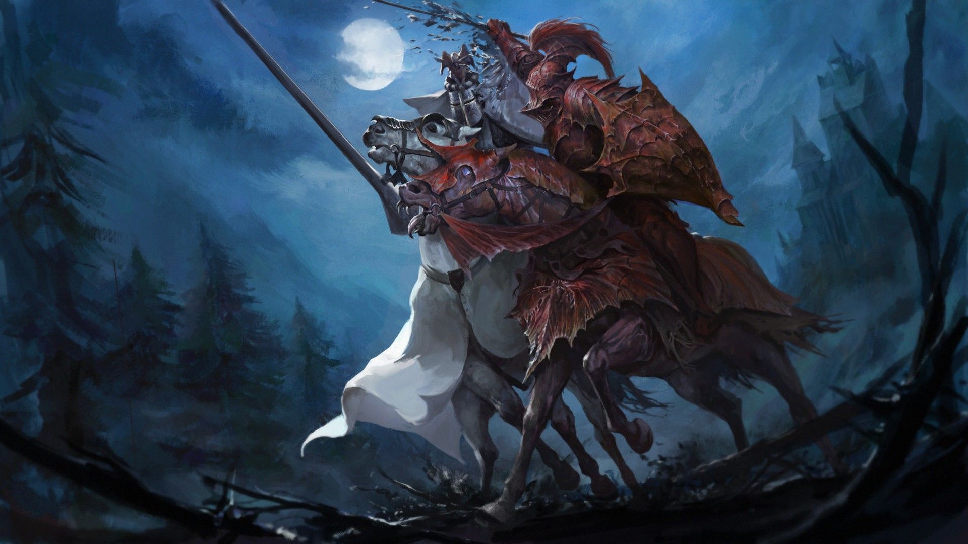knight, Total War: Warhammer, WFRP, Moon, Forest, Night, Horse, Lance, Sword, Shield Wallpaper HD / Desktop and Mobile Background