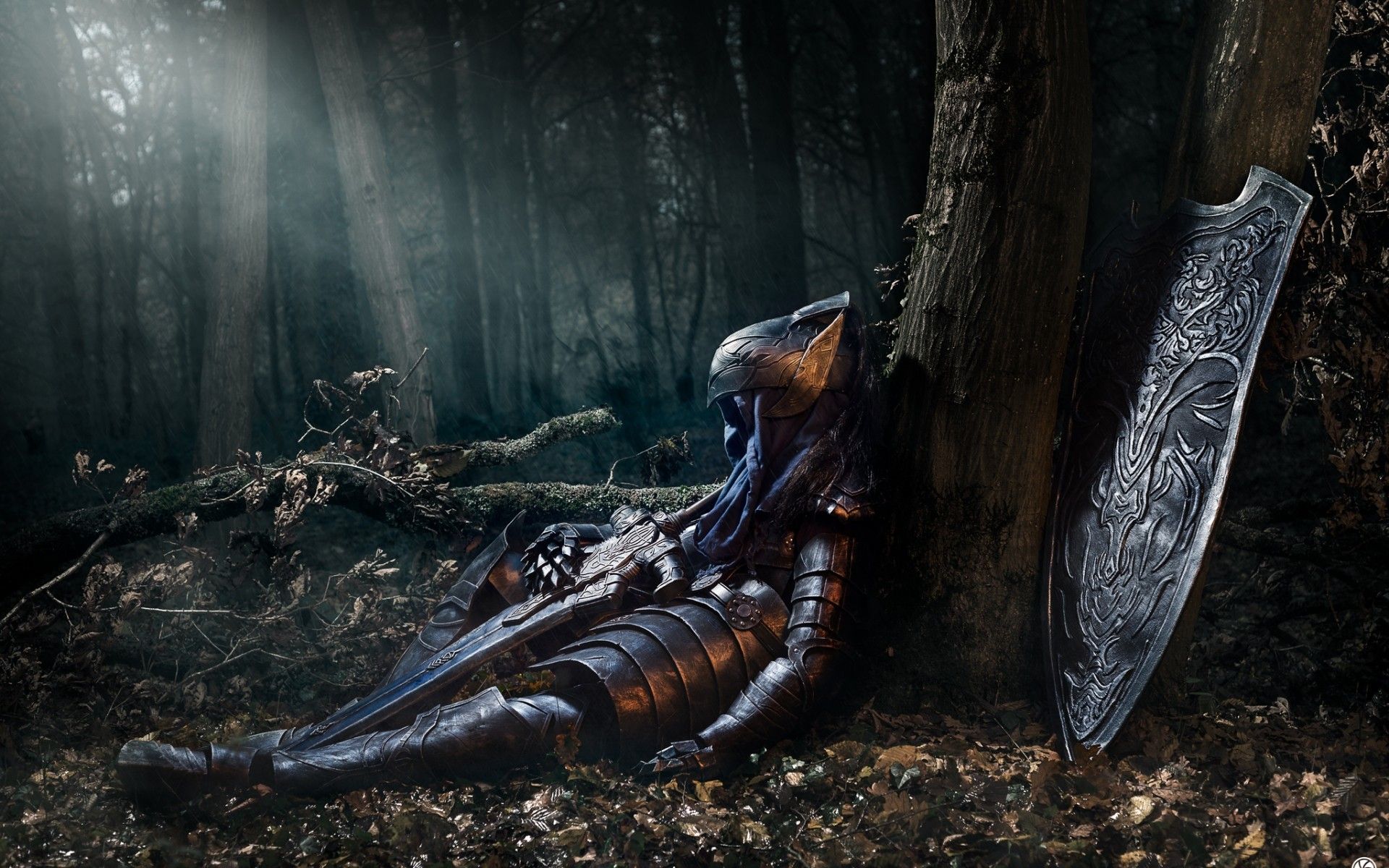 Dark Souls Knight Artorias Armor Sword Shield Sitting Dark Forest Wallpaperx1200