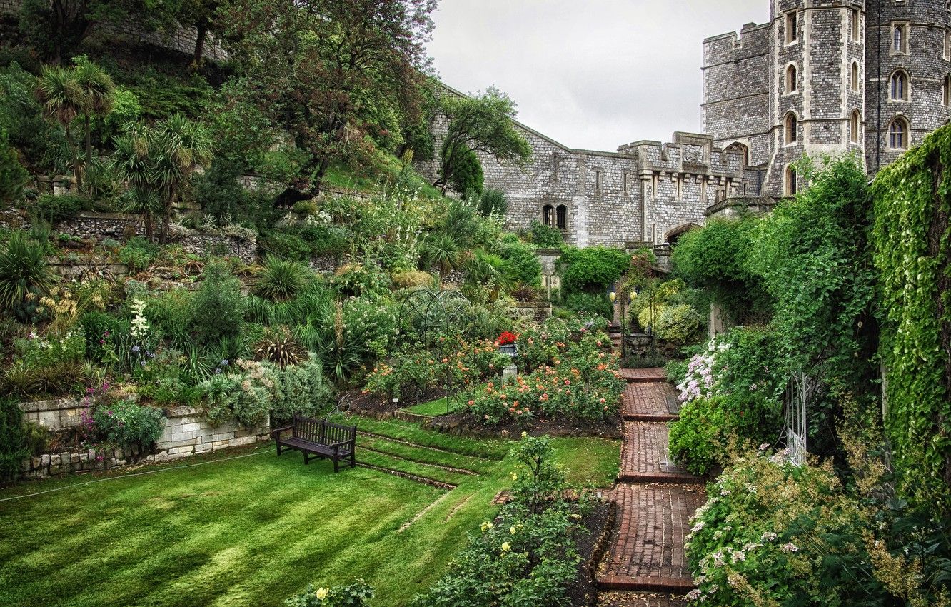 Wallpaper trees, flowers, castle, England, track, plants, shop, shrub, summer garden image for desktop, section пейзажи