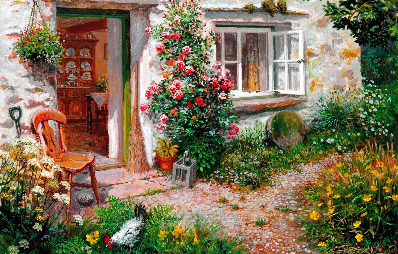 Wallpaper summer, flowers, house, window, yard, chair, cock image for desktop, section живопись