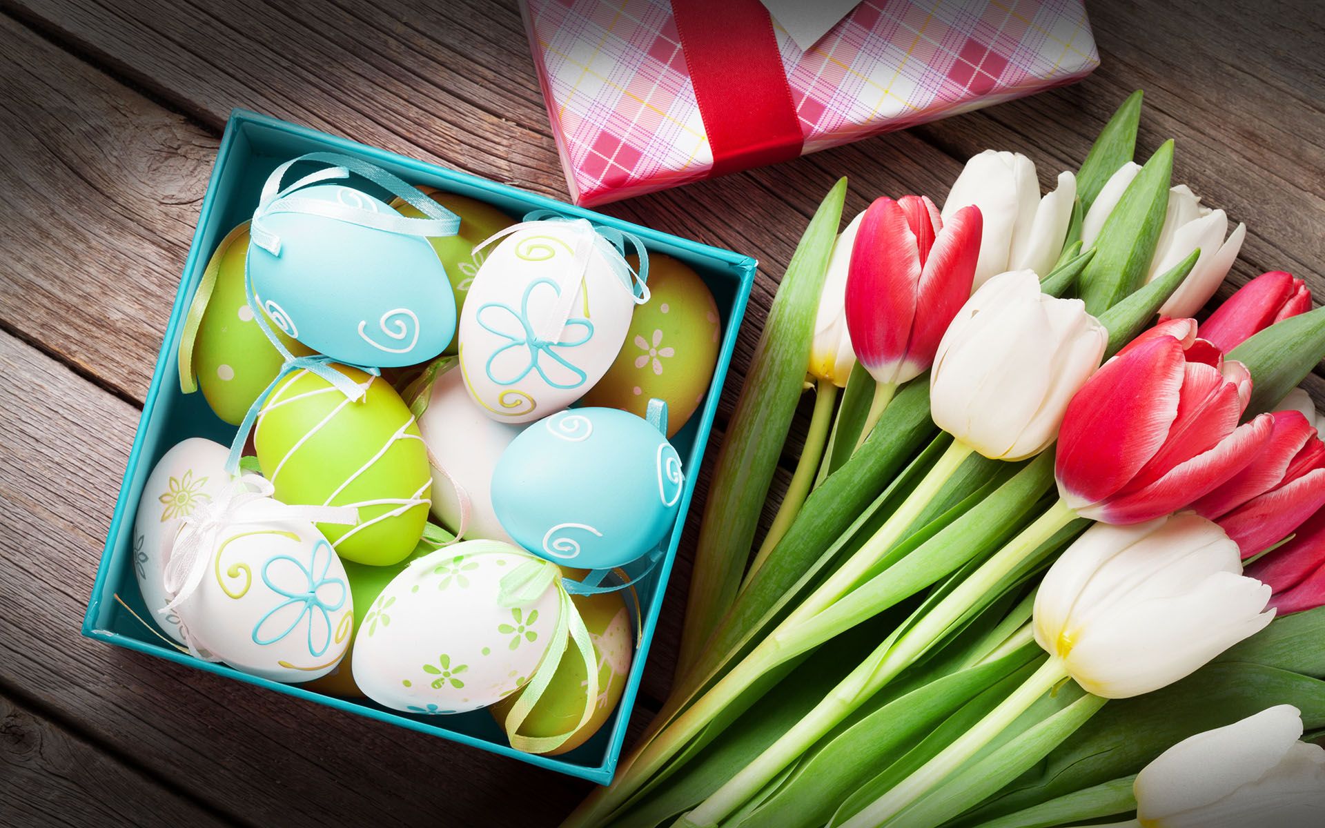 Download wallpaper Easter eggs, bouquet of tulips, spring flowers, Easter background, spring, Easter, wooden background for desktop with resolution 1920x1200. High Quality HD picture wallpaper