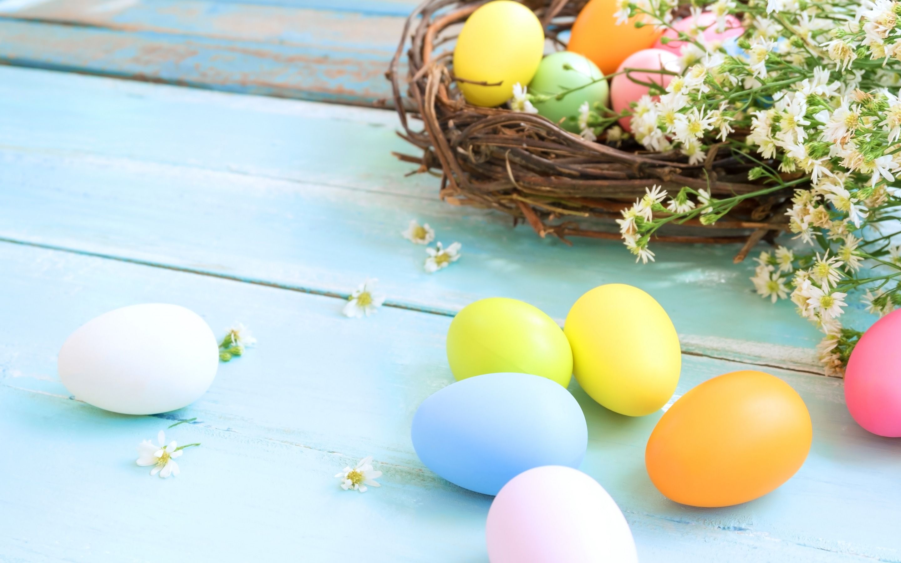 Download wallpaper spring, easter eggs, nest, easter decoration, spring flowers, colorful eggs for desktop with resolution 2880x1800. High Quality HD picture wallpaper