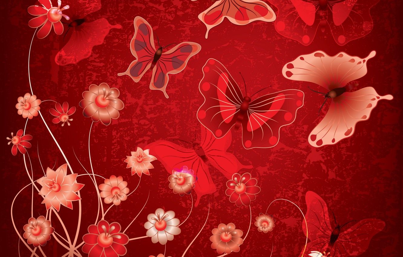 Wallpaper butterfly, flowers, abstract, red, design, flowers, grunge, butterflies image for desktop, section абстракции