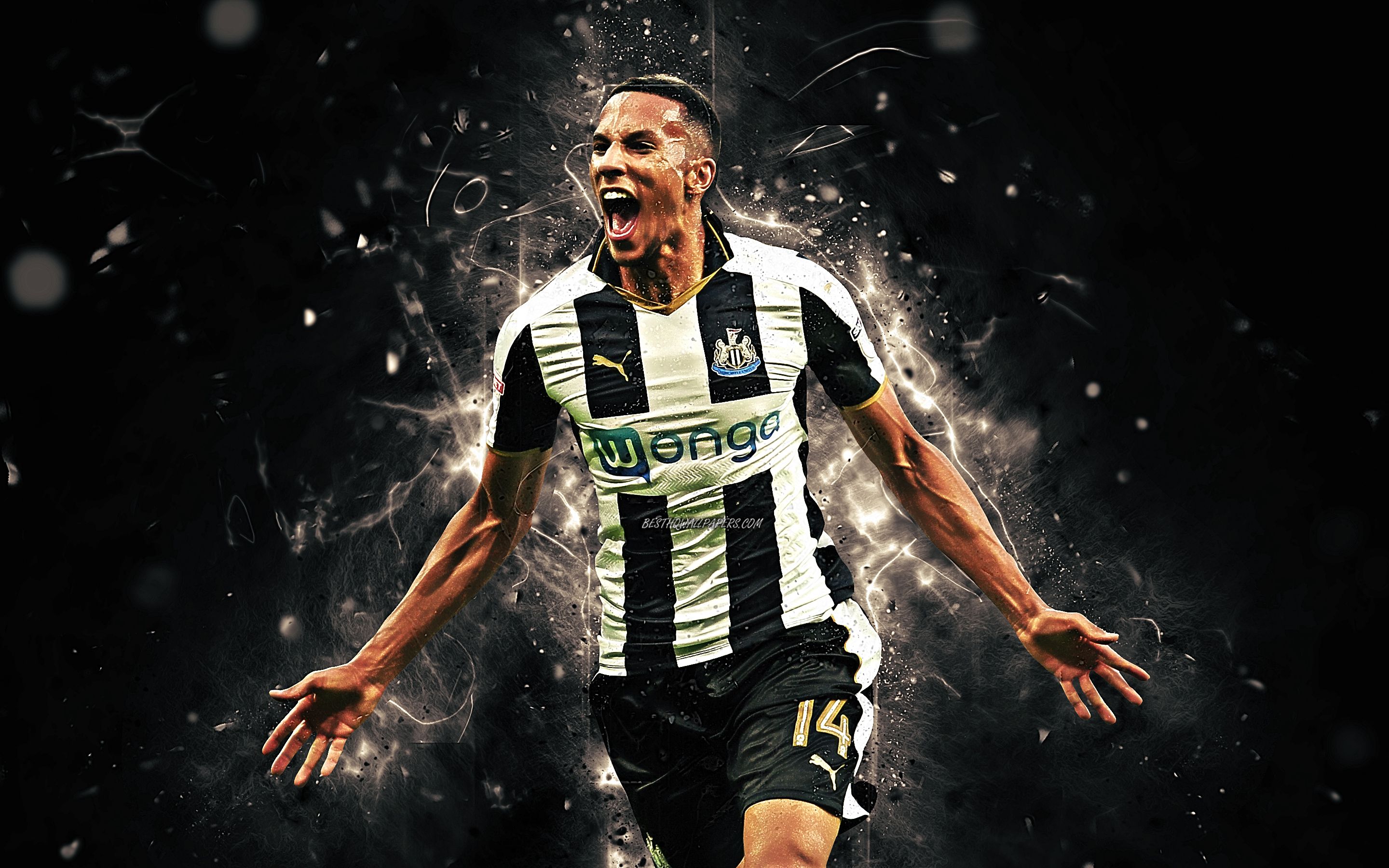 Download wallpaper Isaac Hayden, English footballers, Newcastle United FC, midfielder, soccer, Hayden, Premier League, football, neon lights for desktop with resolution 2880x1800. High Quality HD picture wallpaper
