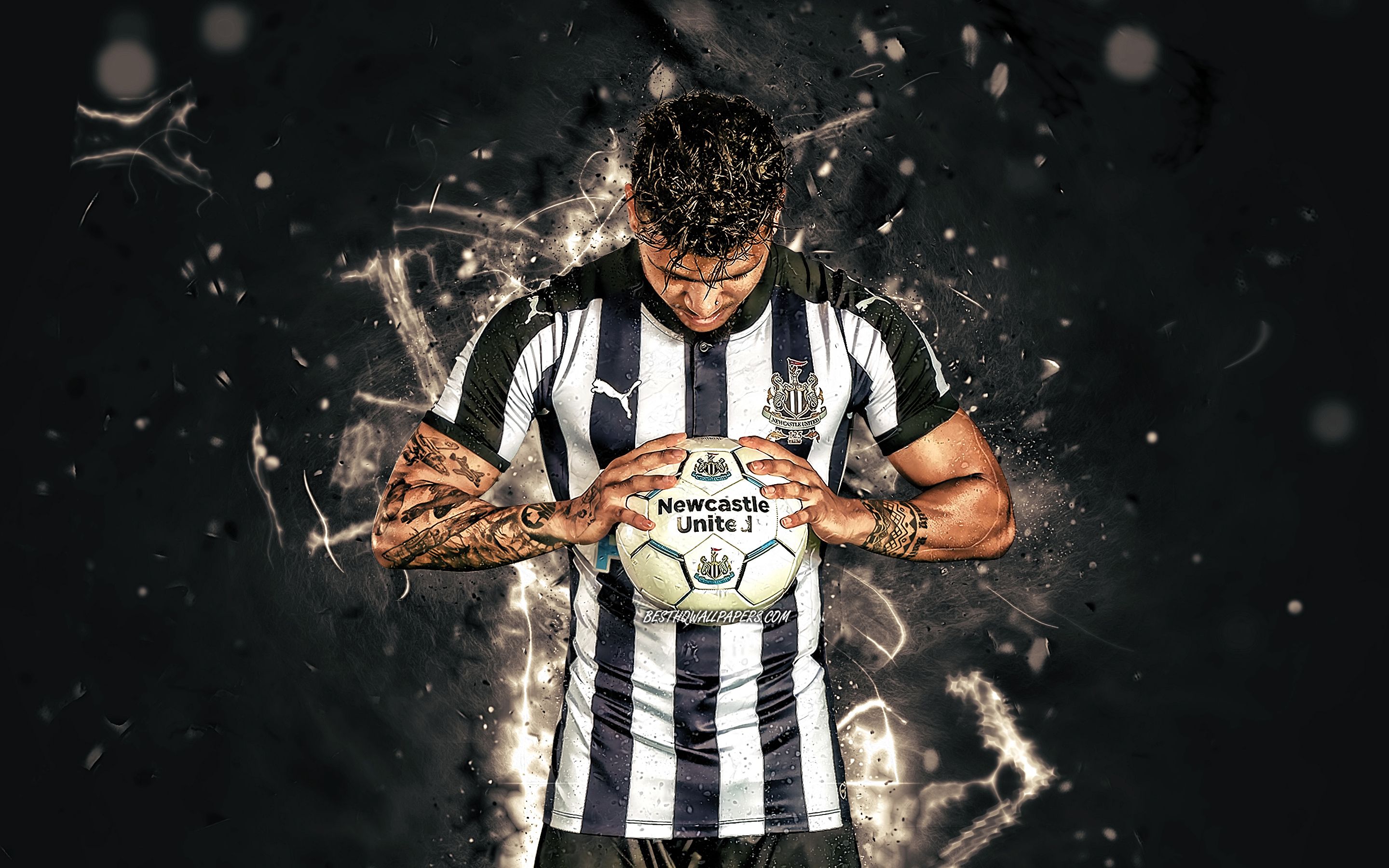 Download wallpaper DeAndre Yedlin, american footballers, Newcastle United FC, soccer, Yedlin, Premier League, football, neon lights, England for desktop with resolution 2880x1800. High Quality HD picture wallpaper
