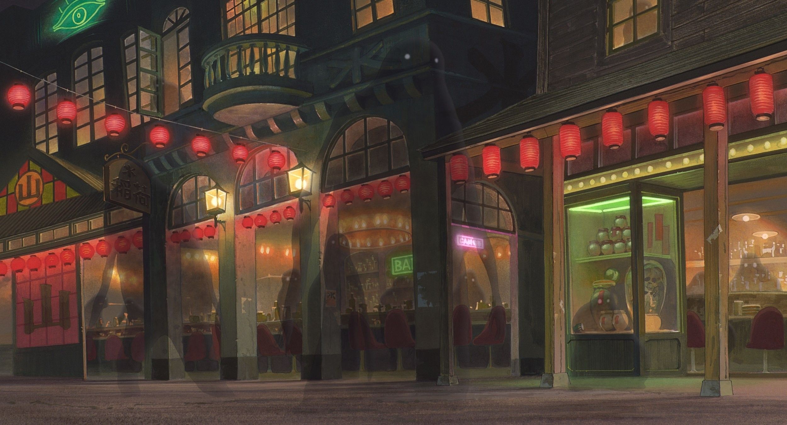 Wallpaper, street, night, anime, Spirited Away, bar, restaurant, Studio Ghibli, downtown, urban area 2500x1352