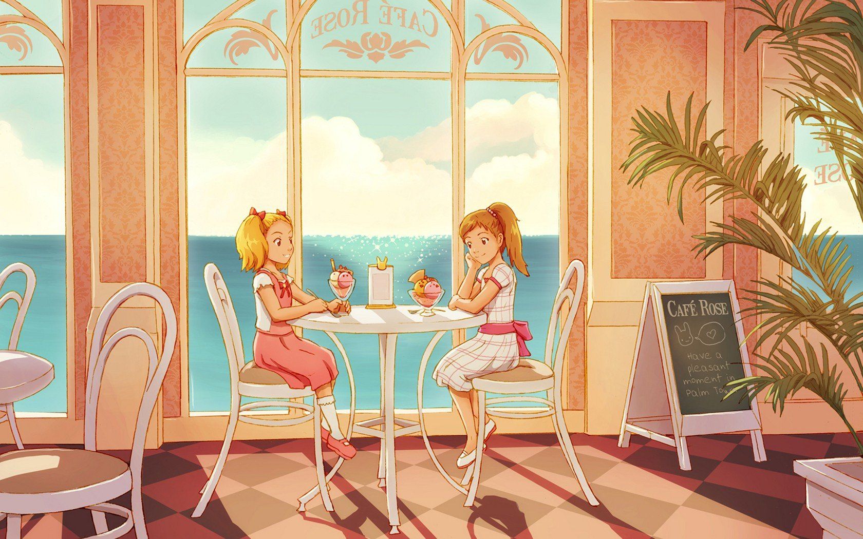 Ice cream tables lunch Cafe window panes anime girls wallpaperx1050