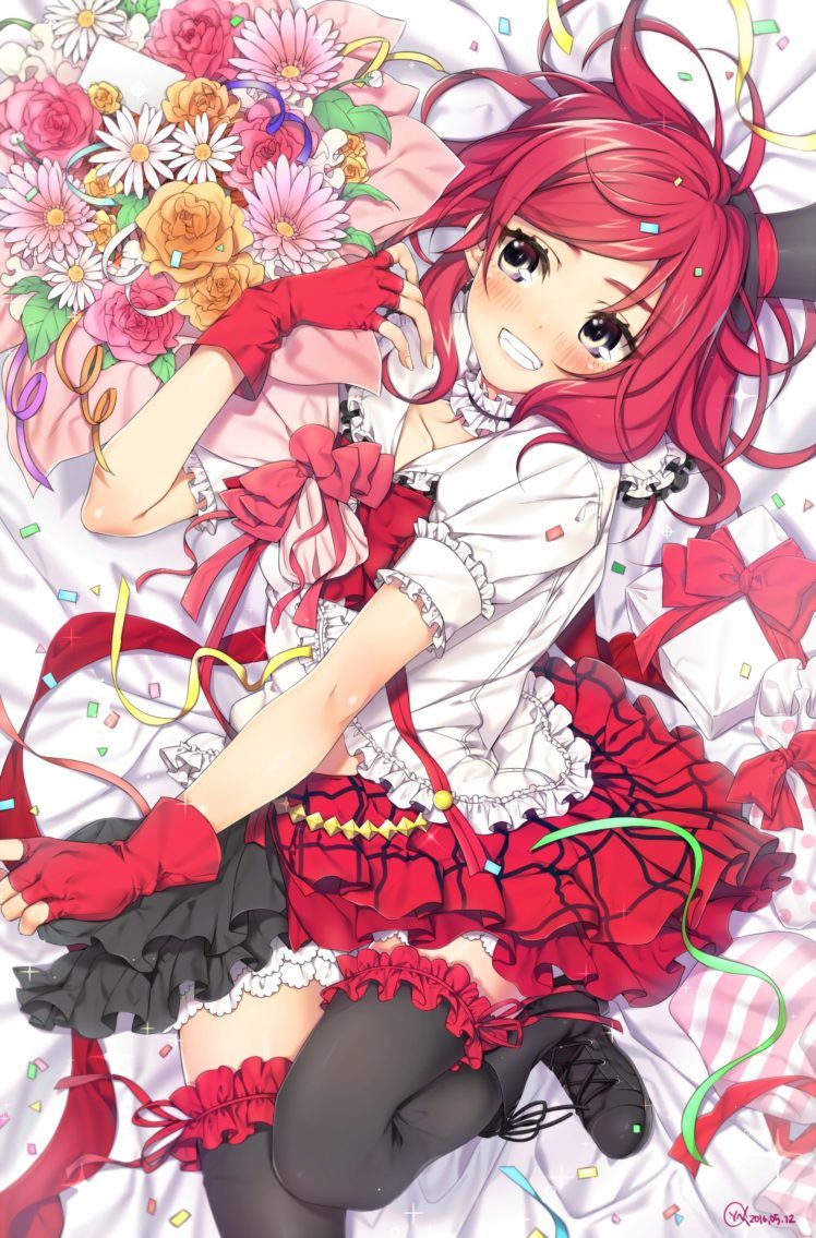 short hair, Redhead, Anime, Anime girls, Love Live!, Nishikino Maki, Flowers, Skirt, Stockings, Thigh highs HD Wallpaper / Desktop and Mobile Image & Photo