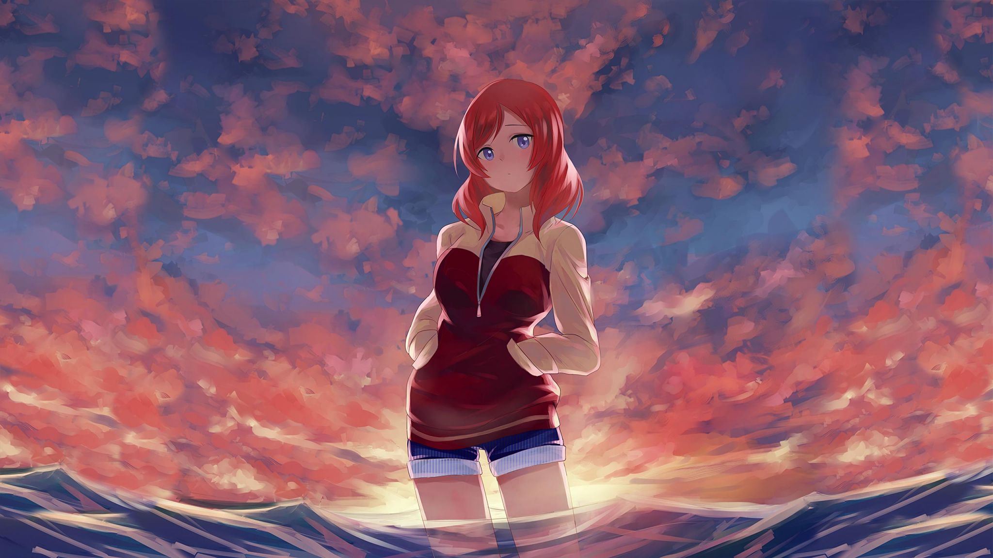 Desktop Wallpaper Red Head, Maki Nishikino, Clouds, Art, HD Image, Picture, Background, 30hp5b