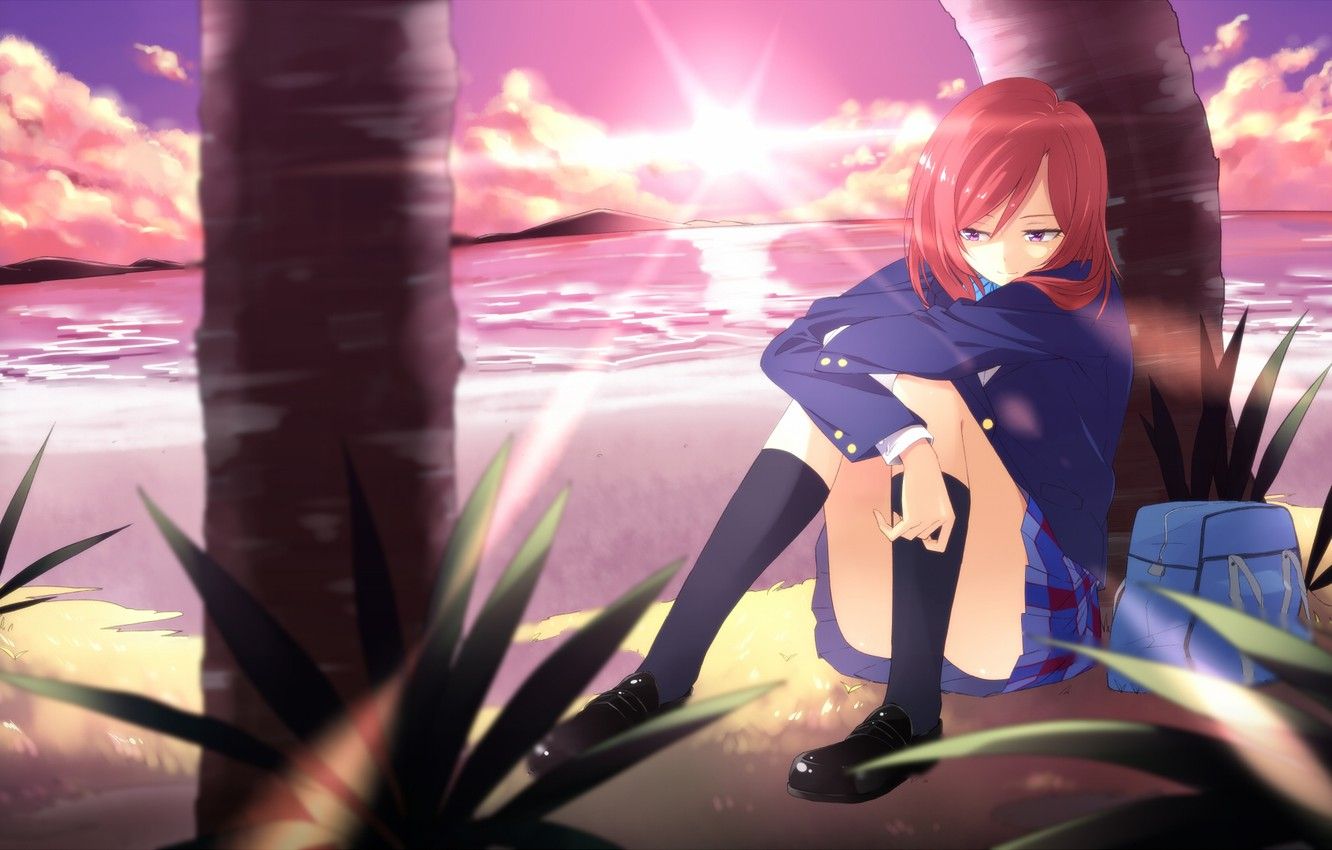Wallpaper Sea, Beach, Girl, Sunset, Smile, Palm Trees, Schoolgirl, Art, Love Live! School Idol Project, Dennou K, Nishikino Maki Image For Desktop, Section сёдзё