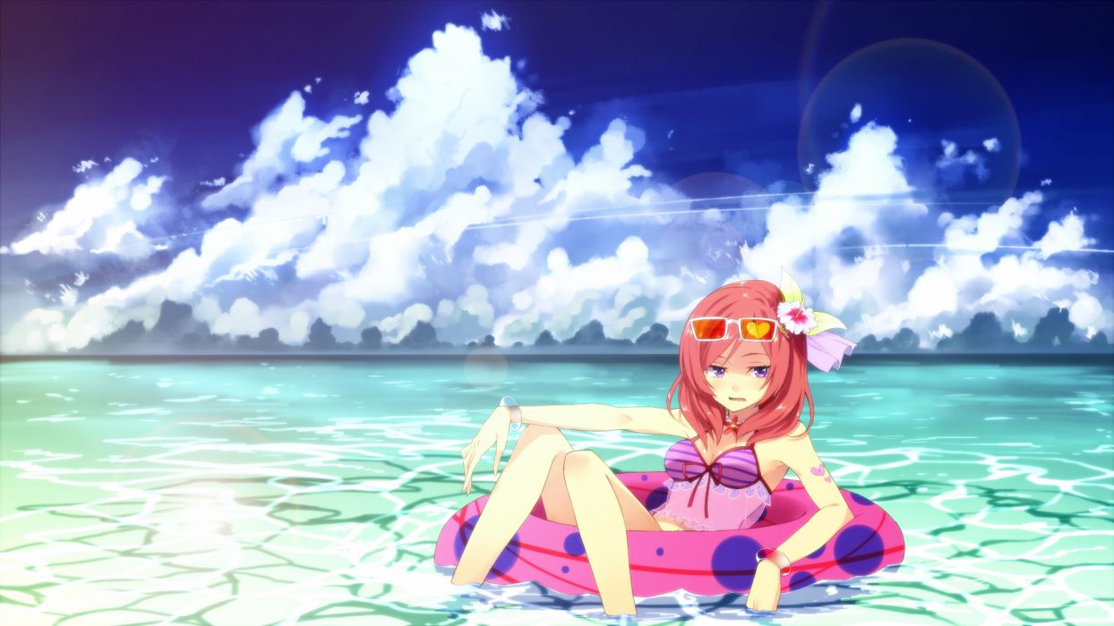 Love live! school idol project nishikino maki purple eyes red hair sunglasses swimsuit tagme water wallpaperx1080