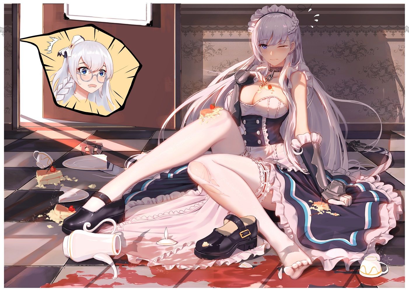 96 anthropomorphism apron azur lane belfast (azur lane) breasts cake cleavage edinburgh (azur lane) food garter headdress thighhighs torn clothes wink. konachan.com.com Anime Wallpaper