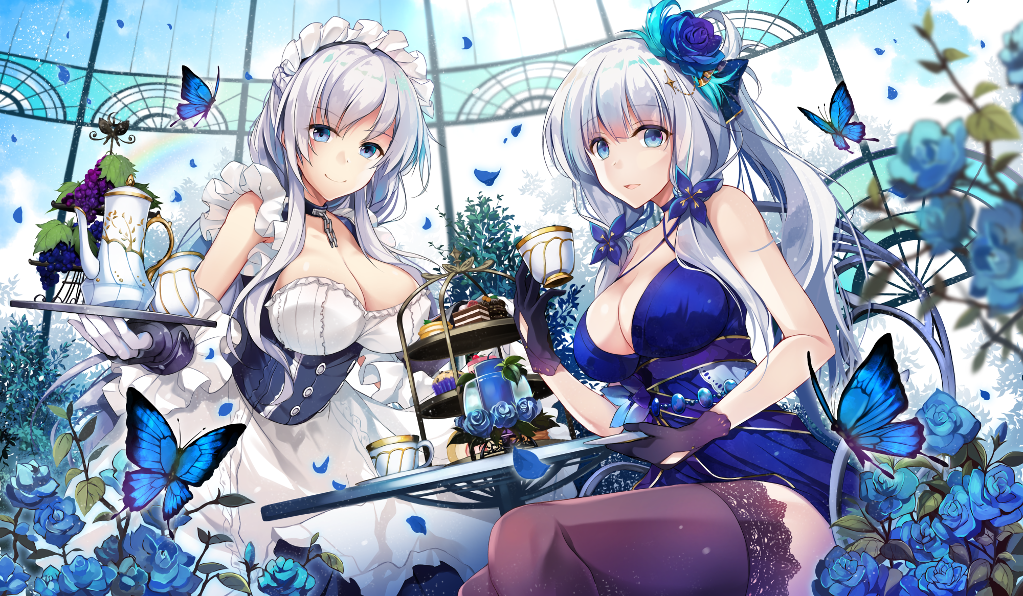 Wallpaper, Azur Lane, white hair, blue eyes, Belfast Azur Lane, Illustrious Azur Lane 2000x1166