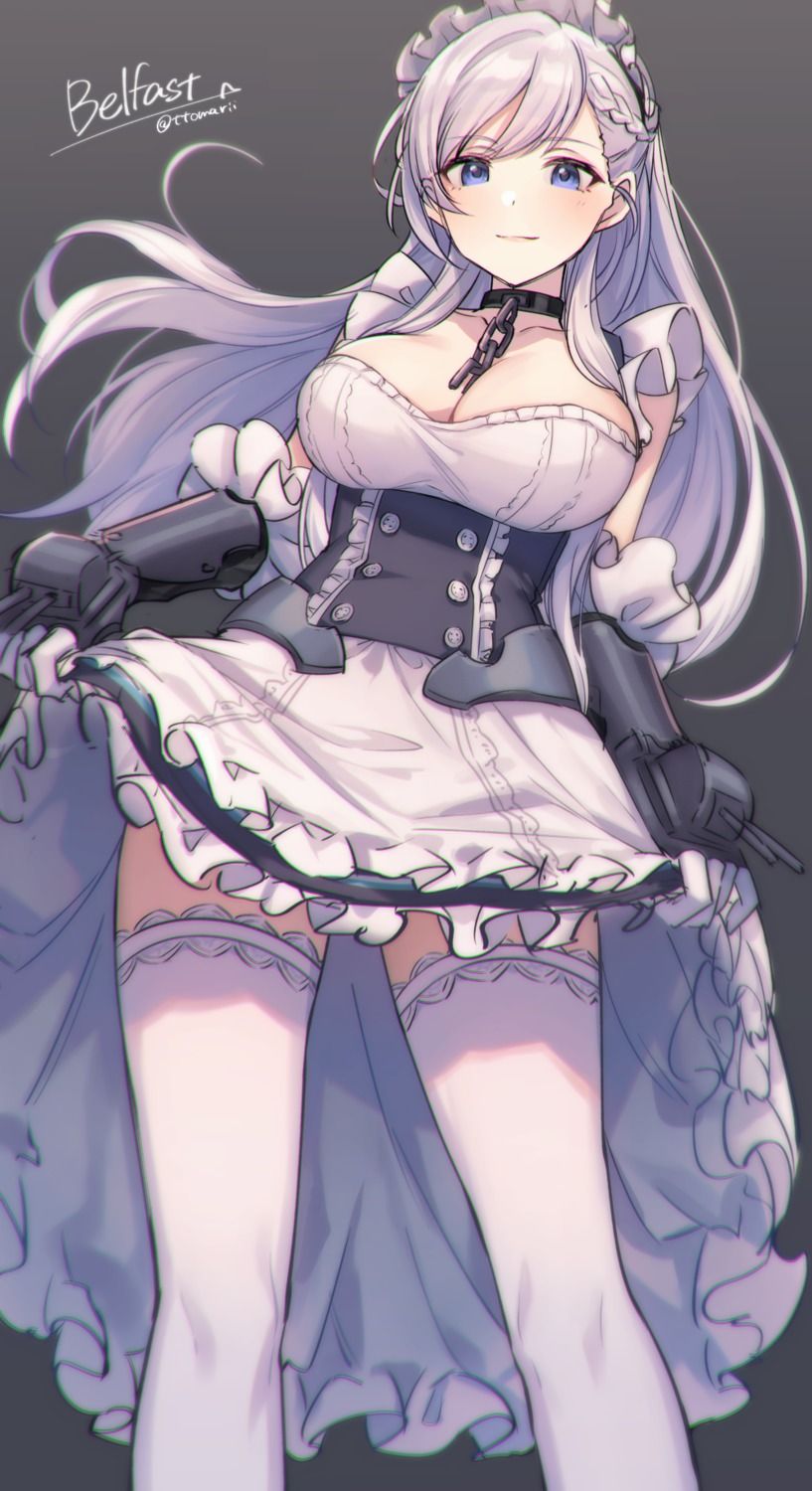 tomari azur lane belfast (azur lane) cleavage maid skirt lift thighhighs