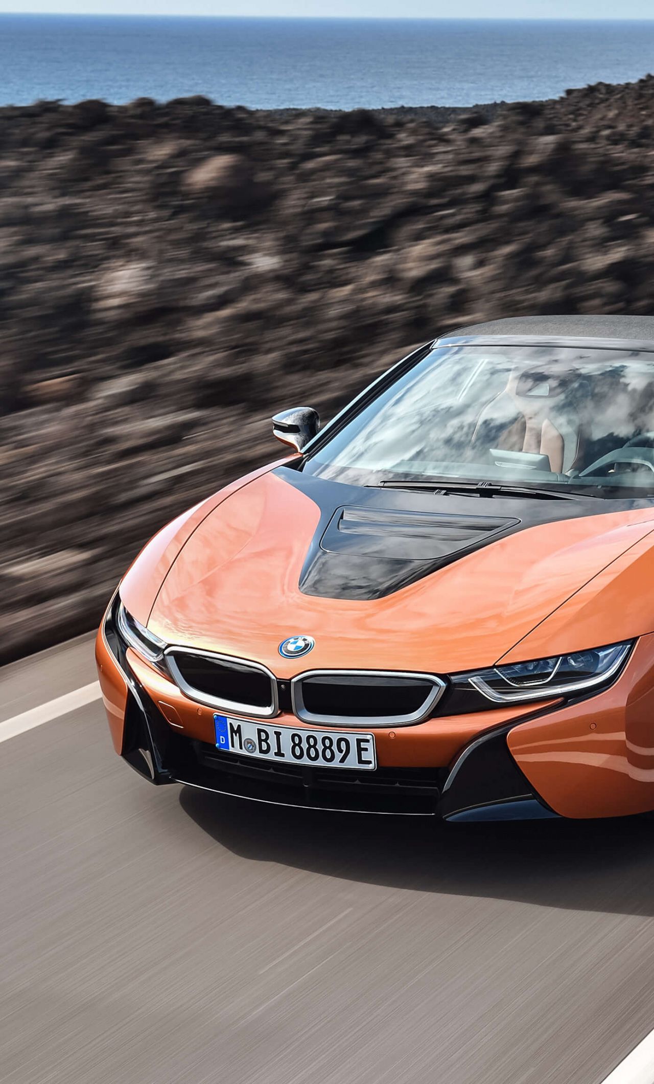 Download BMW i8, orange, sports car, on road wallpaper, 1280x2120, iPhone 6 Plus