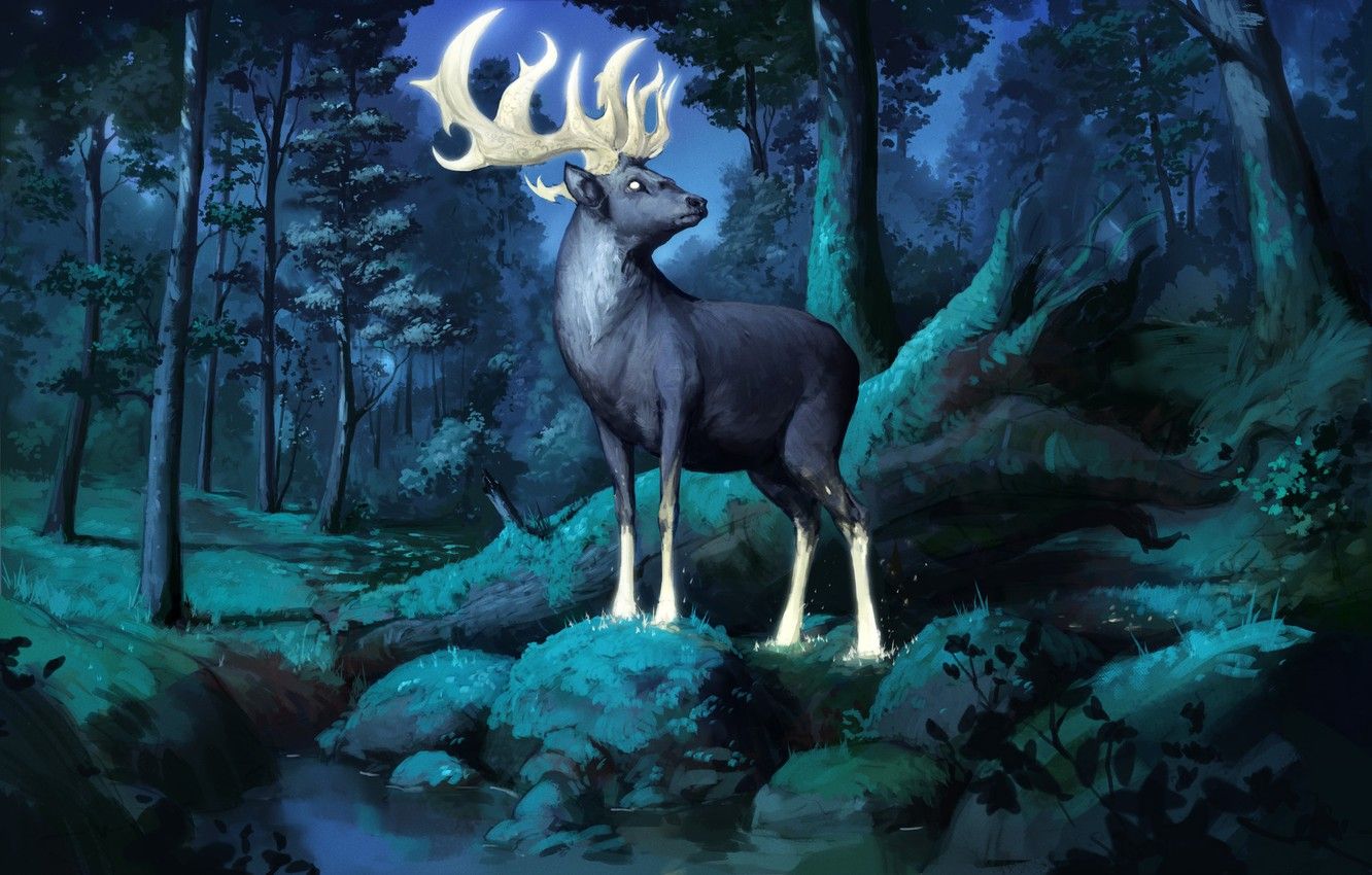 Wallpaper forest, deer, art, horns, Deer, Nick Serpilov image for desktop, section фантастика