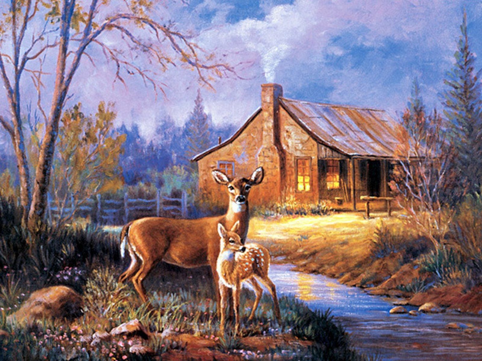 Free Whitetail Deer Background. deer wallpaper, deer wallpaper, whitetail deer wallpaper, deer hunting .. Cabin art, Thomas kinkade paintings, Thomas kinkade art