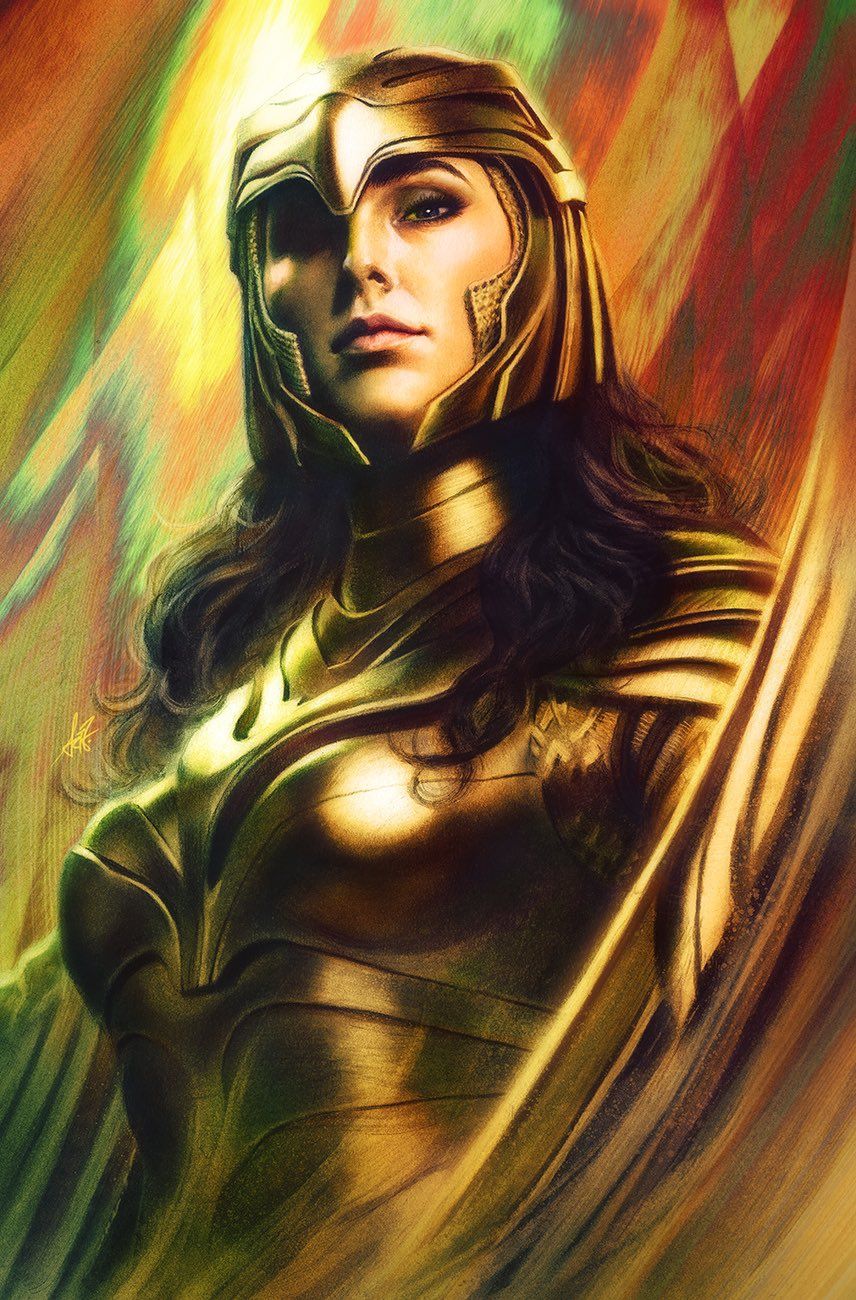 Wallpaper, Artgerm, Wonder Woman, Diana wonder woman, diana prince, Gal Gadot, gold dress, artwork, poster, DC Comics, DC Universe, digital art, colorful 856x1300