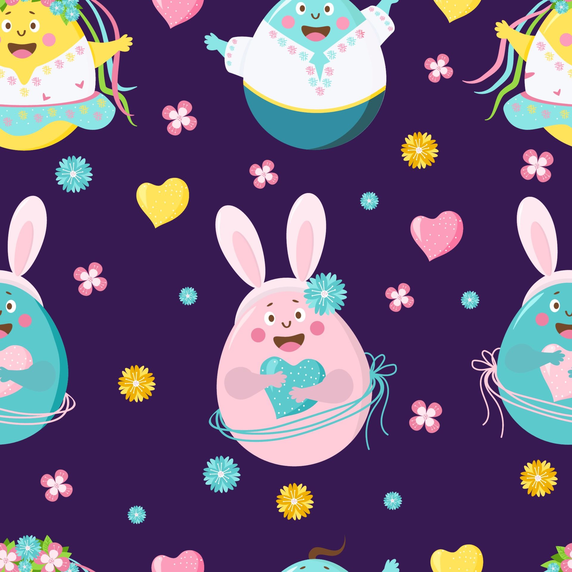 Happy Easter seamless pattern. Funny Easter eggs and boys with faces, emotions and hands, with bunny ears on a purple background with flowers. Vector. For design, decoration, print, wallpaper 2130606