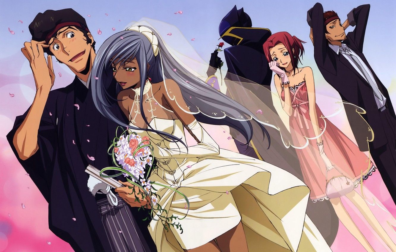 Wallpaper bouquet, neckline, gloves, blush, the bride, veil, art, wedding, code geass, the groom, kallen stadtfeld, guests, code geass: lelouch of the rebellion, shinichiro tamaki, kaname ougi, takahiro kimura image for desktop